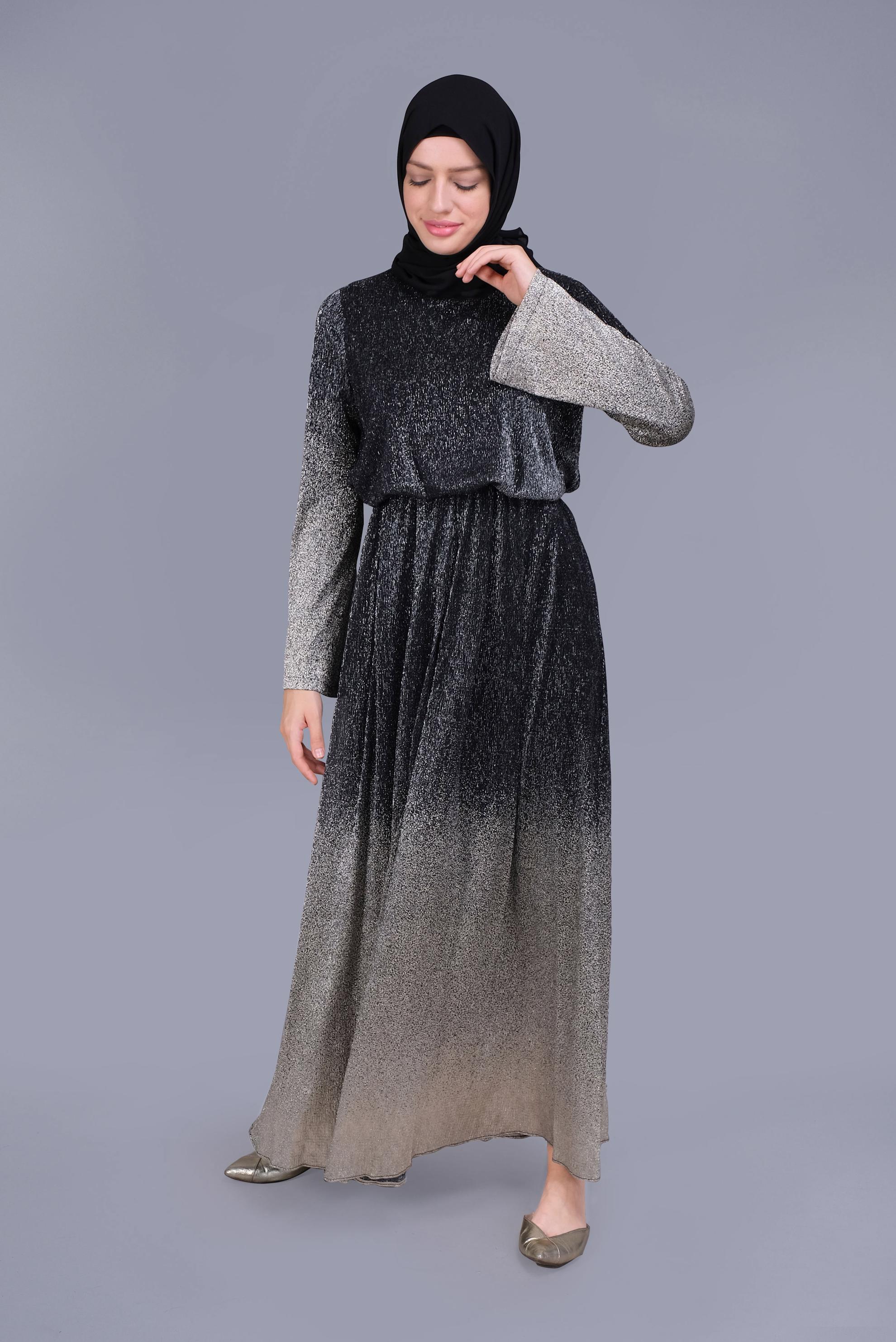 Tesettür giyim SİYAH  FOİL BASKILI SİMLİ ELBİSE 40831