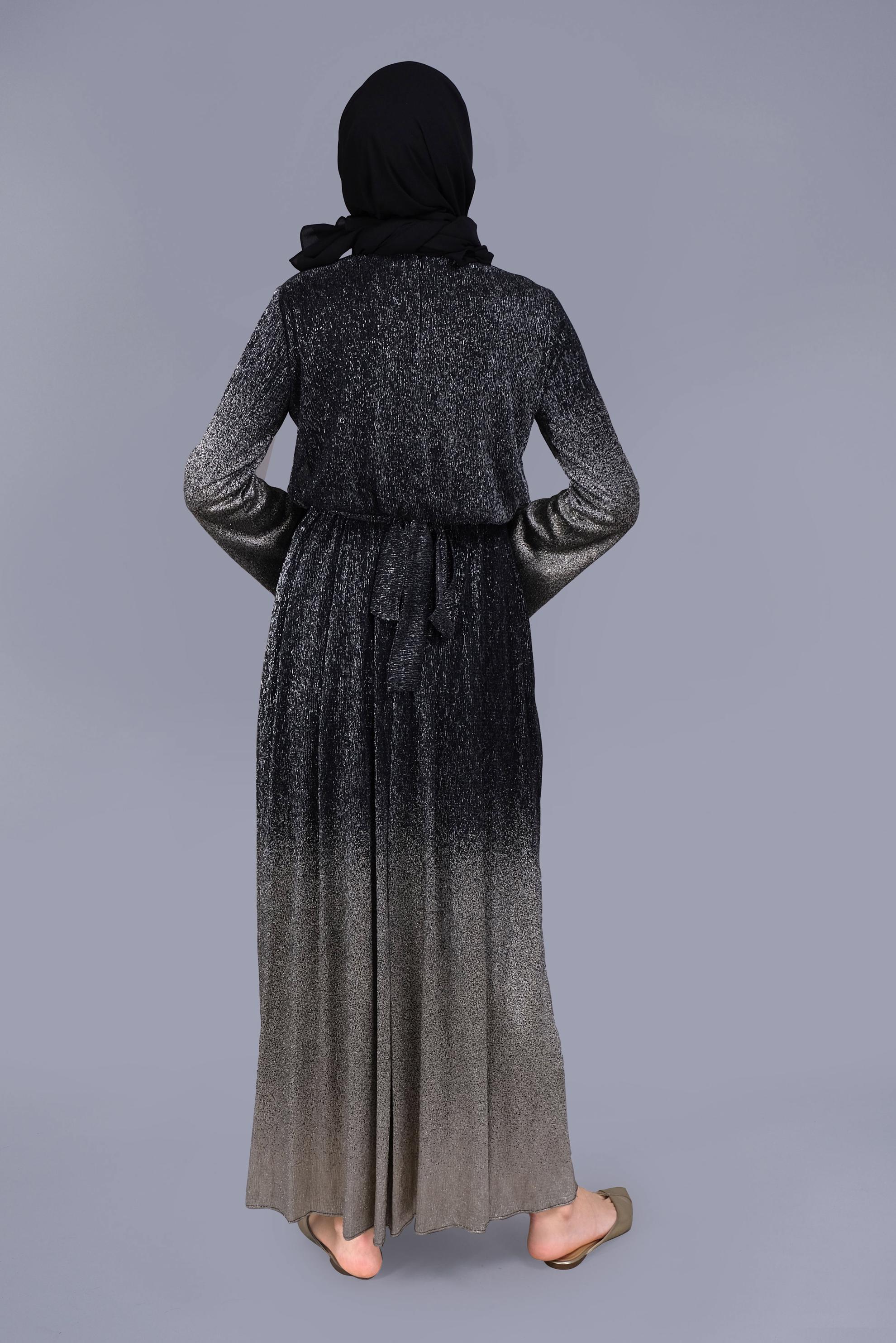 Tesettür giyim SİYAH  FOİL BASKILI SİMLİ ELBİSE 40831