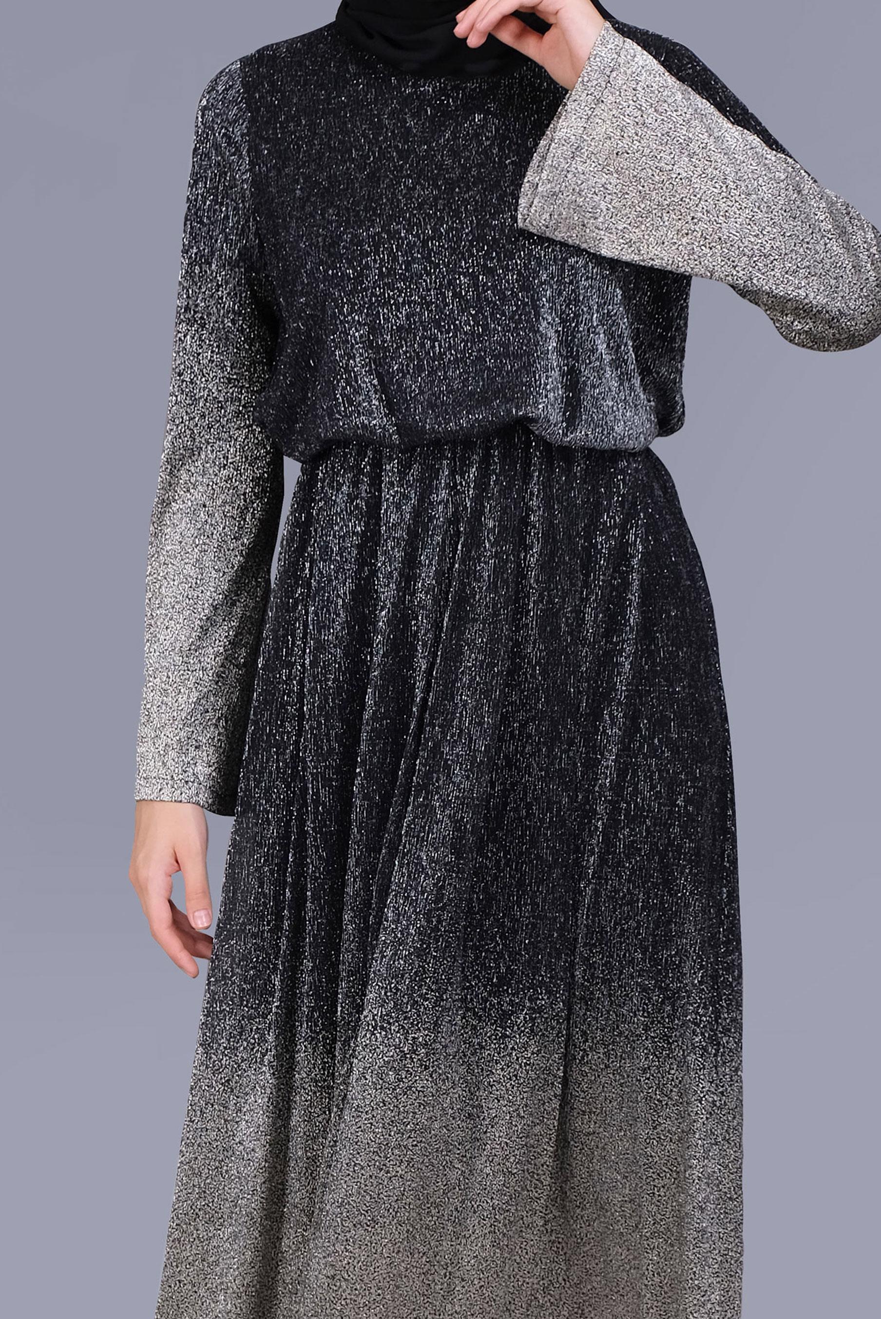 Tesettür giyim SİYAH  FOİL BASKILI SİMLİ ELBİSE 40831