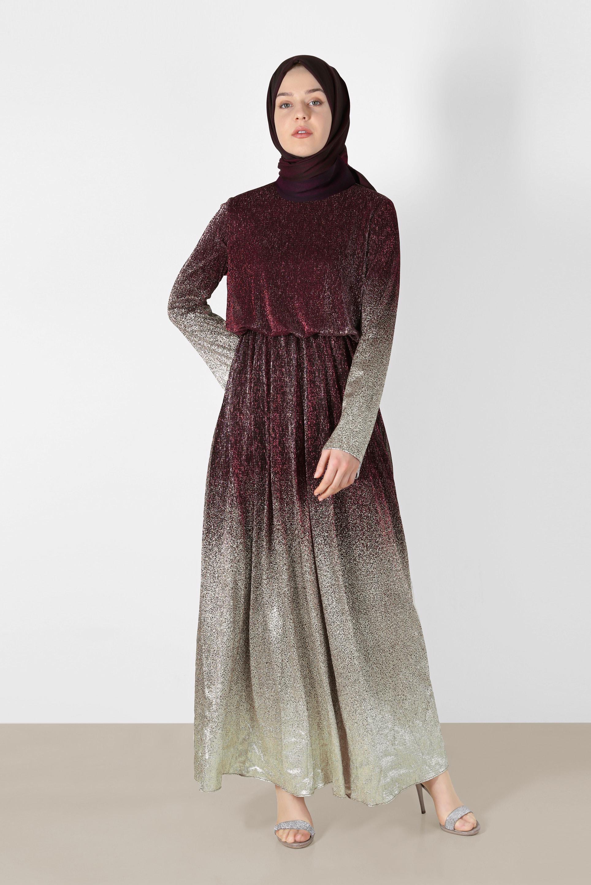 Tesettür giyim BORDO  FOİL BASKILI SİMLİ ELBİSE 40831