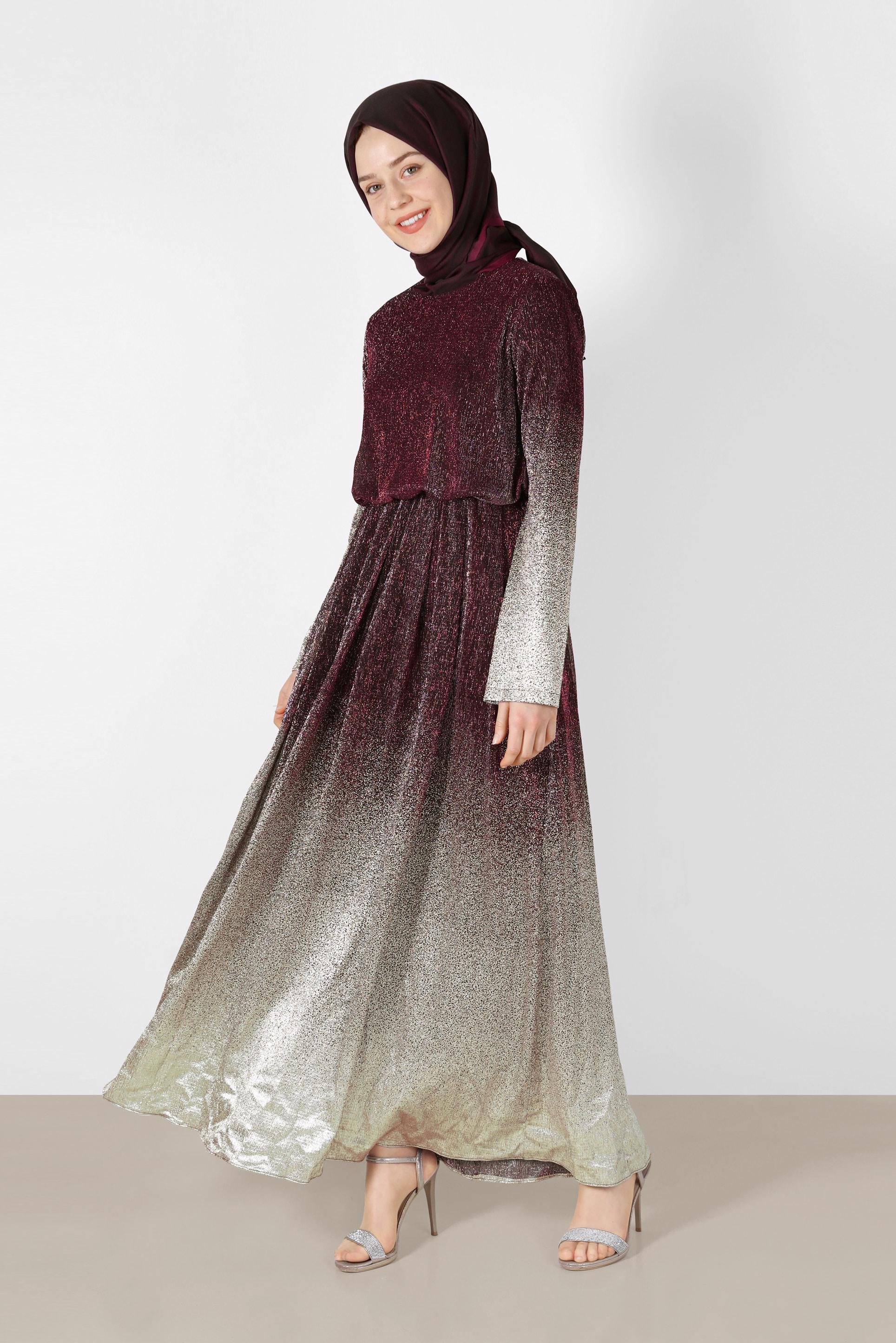 Tesettür giyim BORDO  FOİL BASKILI SİMLİ ELBİSE 40831