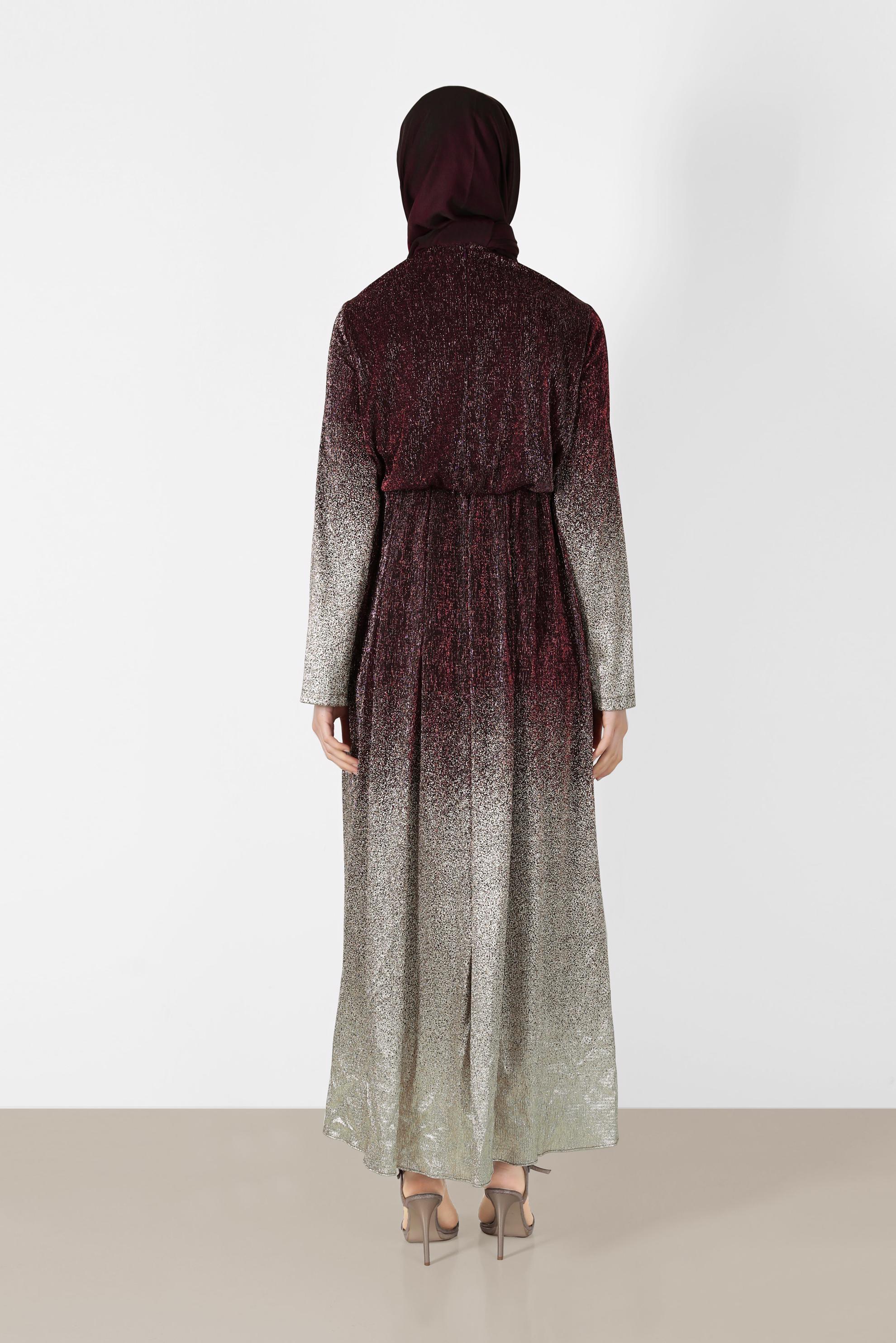 Tesettür giyim BORDO  FOİL BASKILI SİMLİ ELBİSE 40831