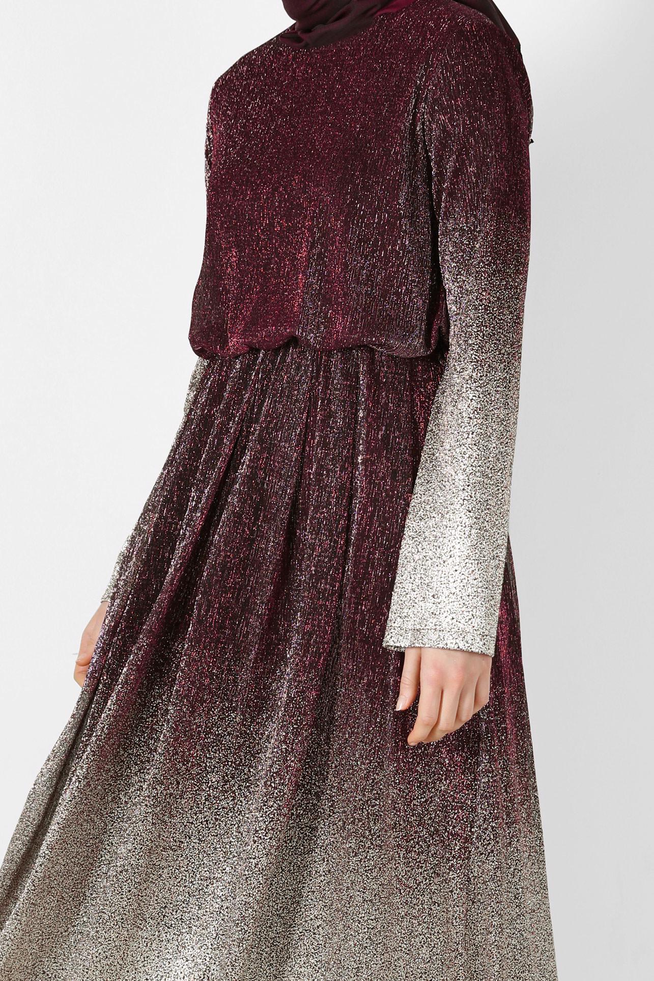 Tesettür giyim BORDO  FOİL BASKILI SİMLİ ELBİSE 40831