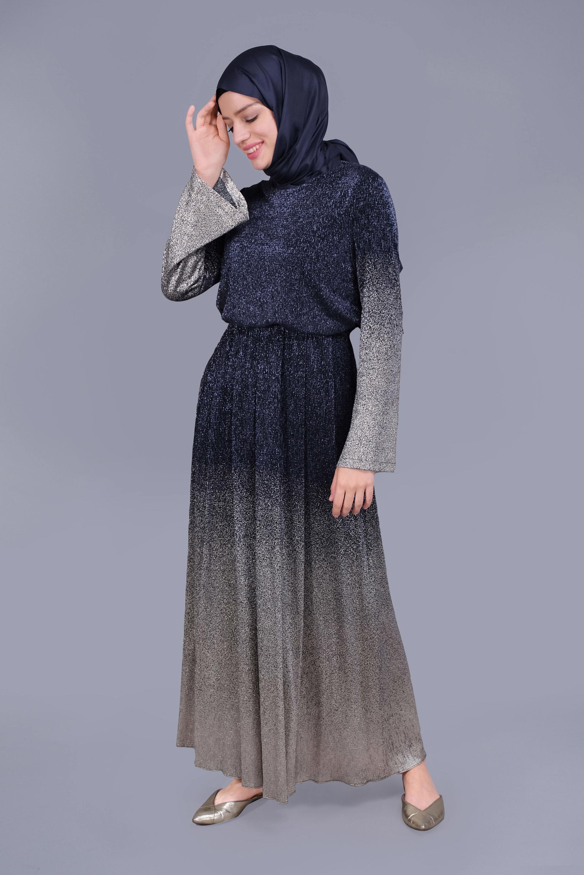 Tesettür giyim LACİVERT  FOİL BASKILI SİMLİ ELBİSE 40831
