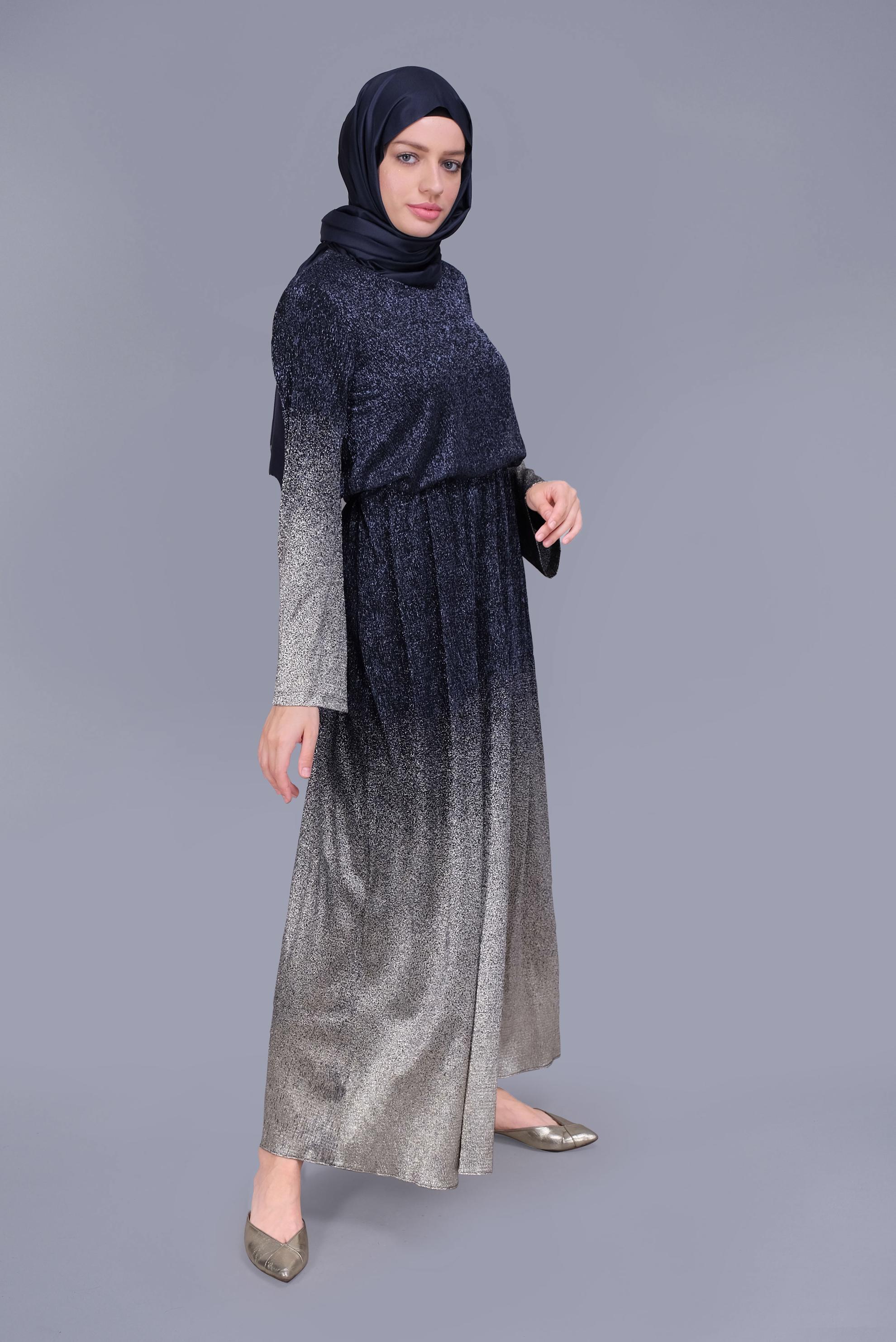 Tesettür giyim LACİVERT  FOİL BASKILI SİMLİ ELBİSE 40831
