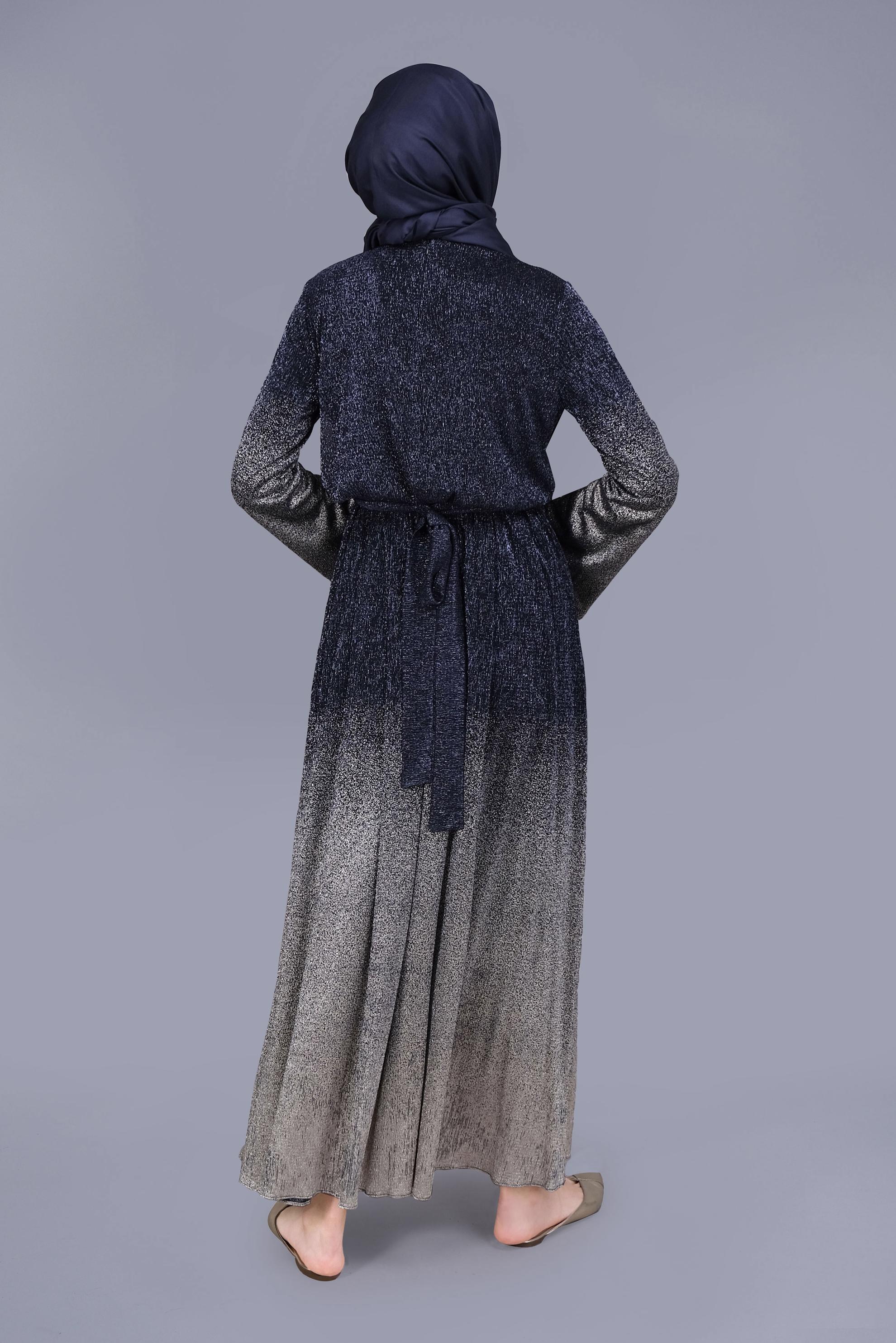 Tesettür giyim LACİVERT  FOİL BASKILI SİMLİ ELBİSE 40831