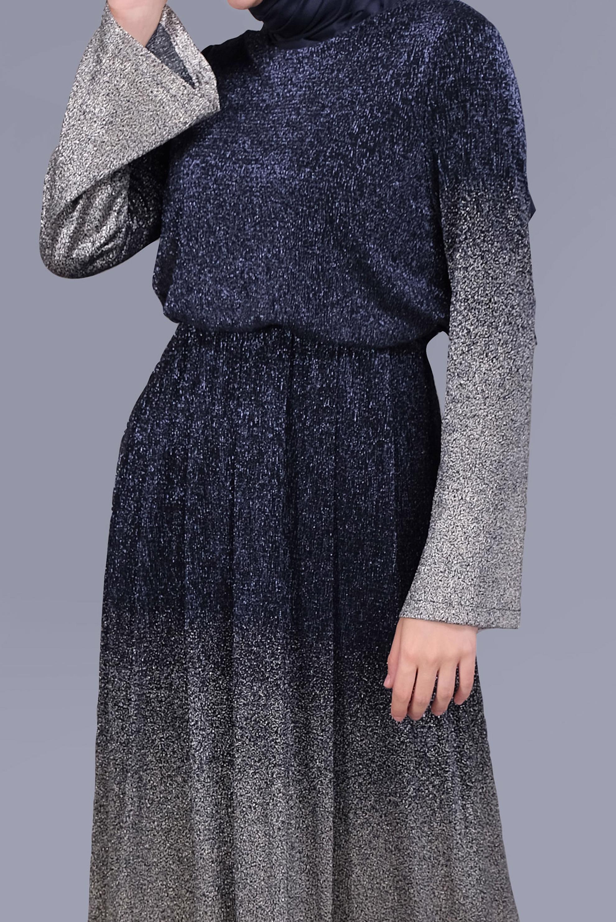 Tesettür giyim LACİVERT  FOİL BASKILI SİMLİ ELBİSE 40831