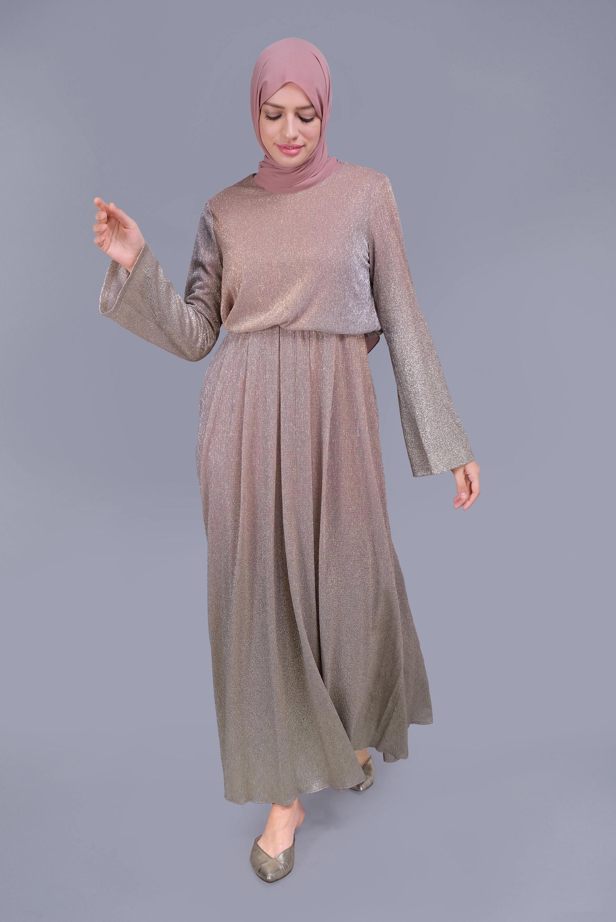 Tesettür giyim PUDRA  FOİL BASKILI SİMLİ ELBİSE 40831