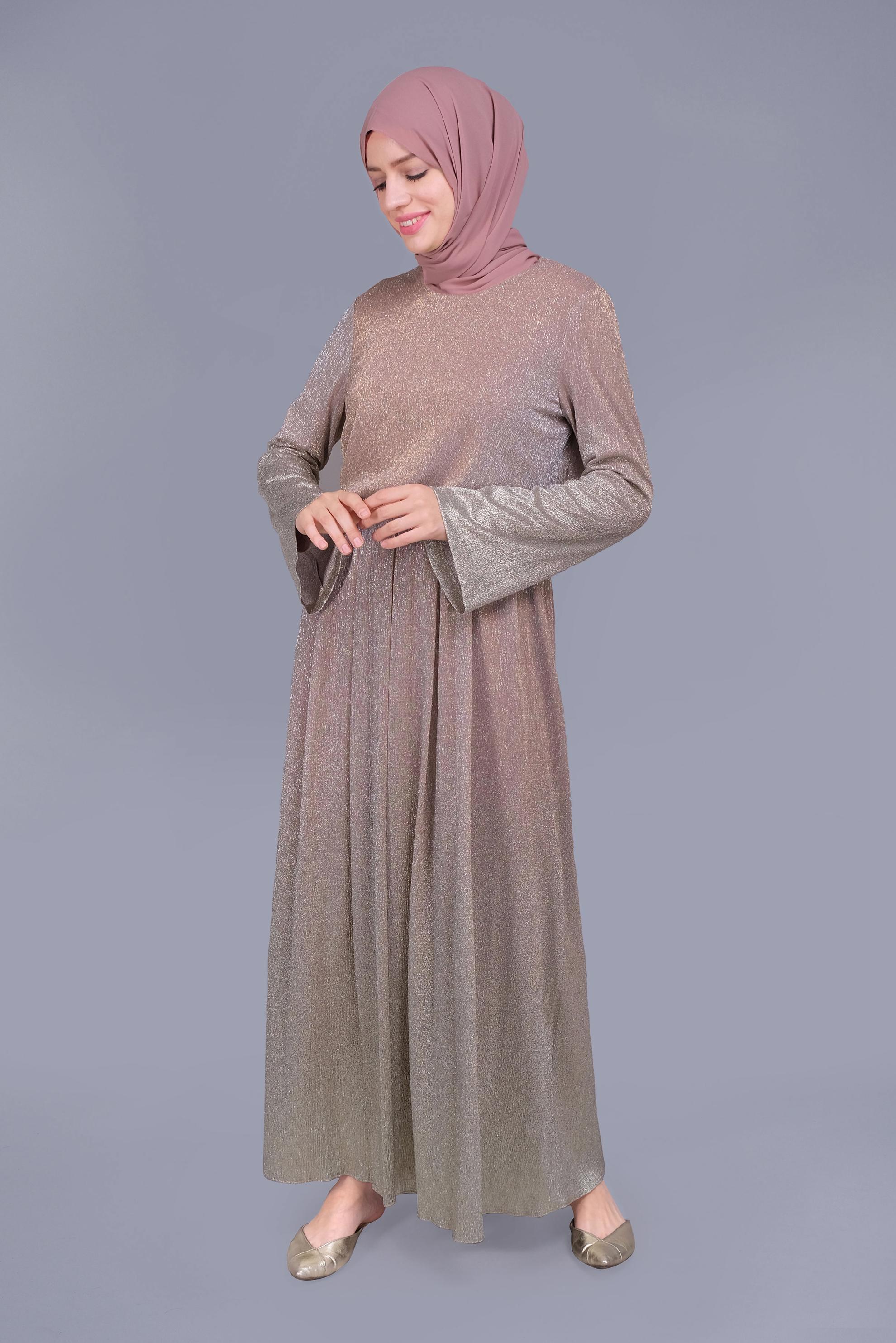 Tesettür giyim PUDRA  FOİL BASKILI SİMLİ ELBİSE 40831