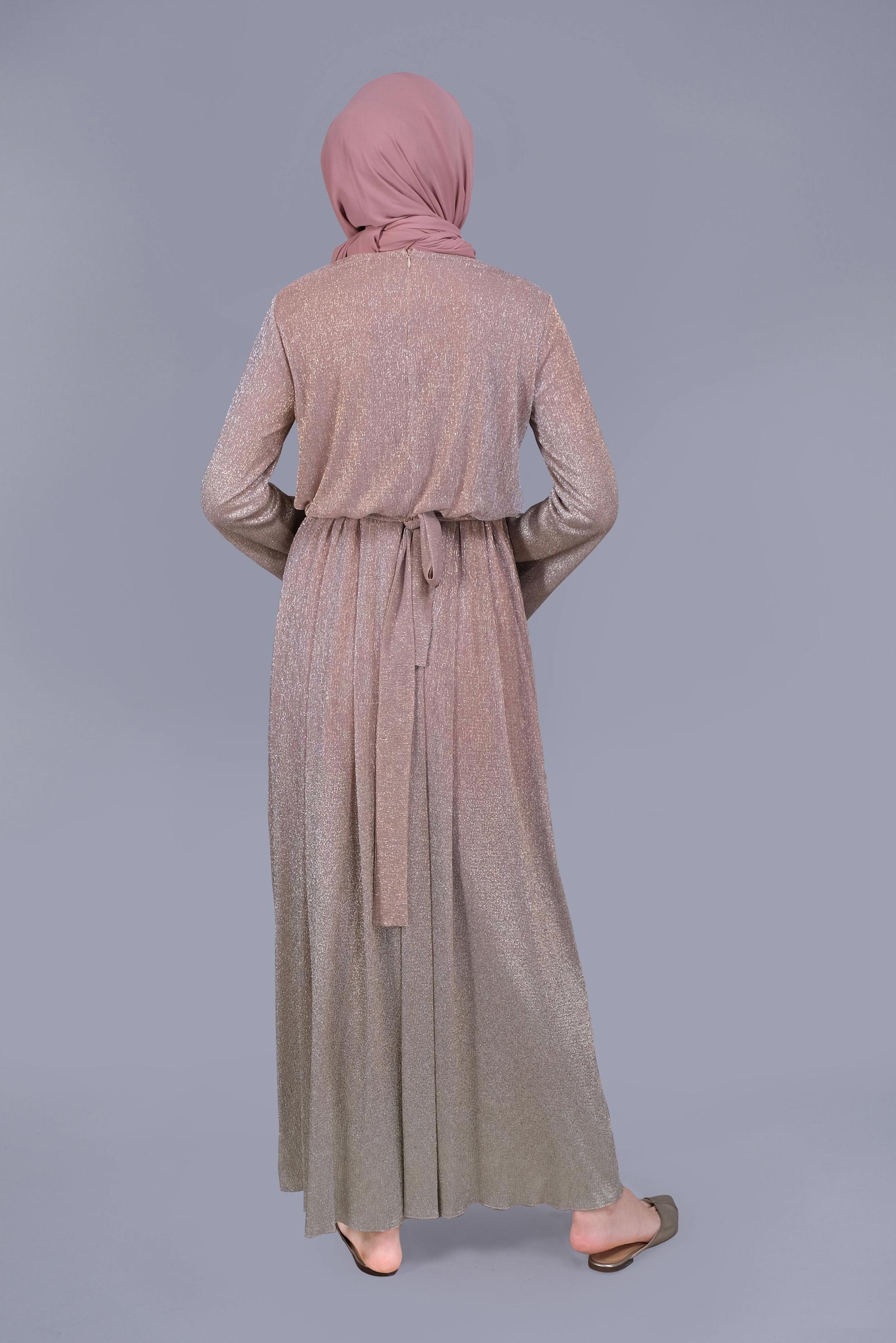 Tesettür giyim PUDRA  FOİL BASKILI SİMLİ ELBİSE 40831