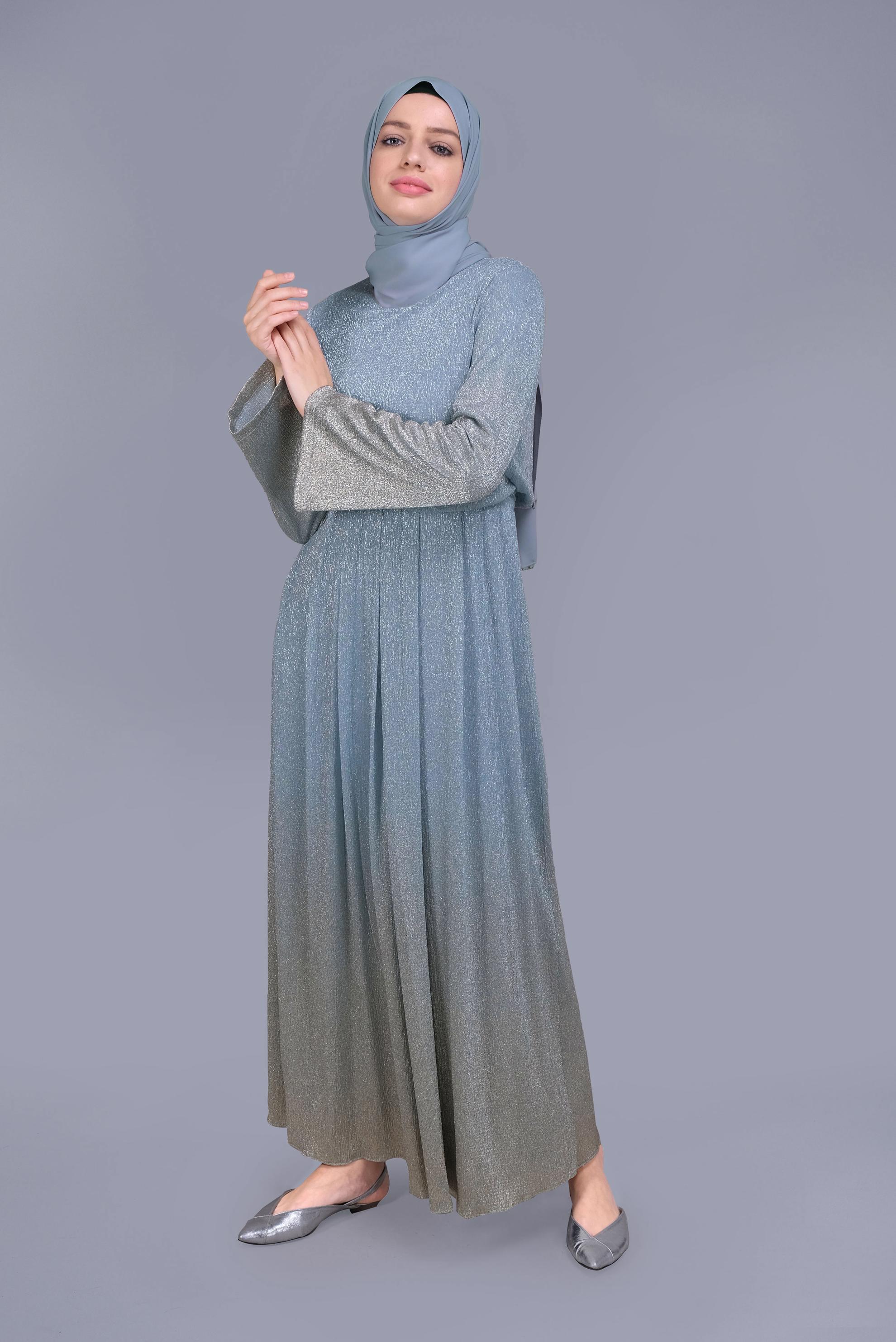 Tesettür giyim MAVİ  FOİL BASKILI SİMLİ ELBİSE 40831