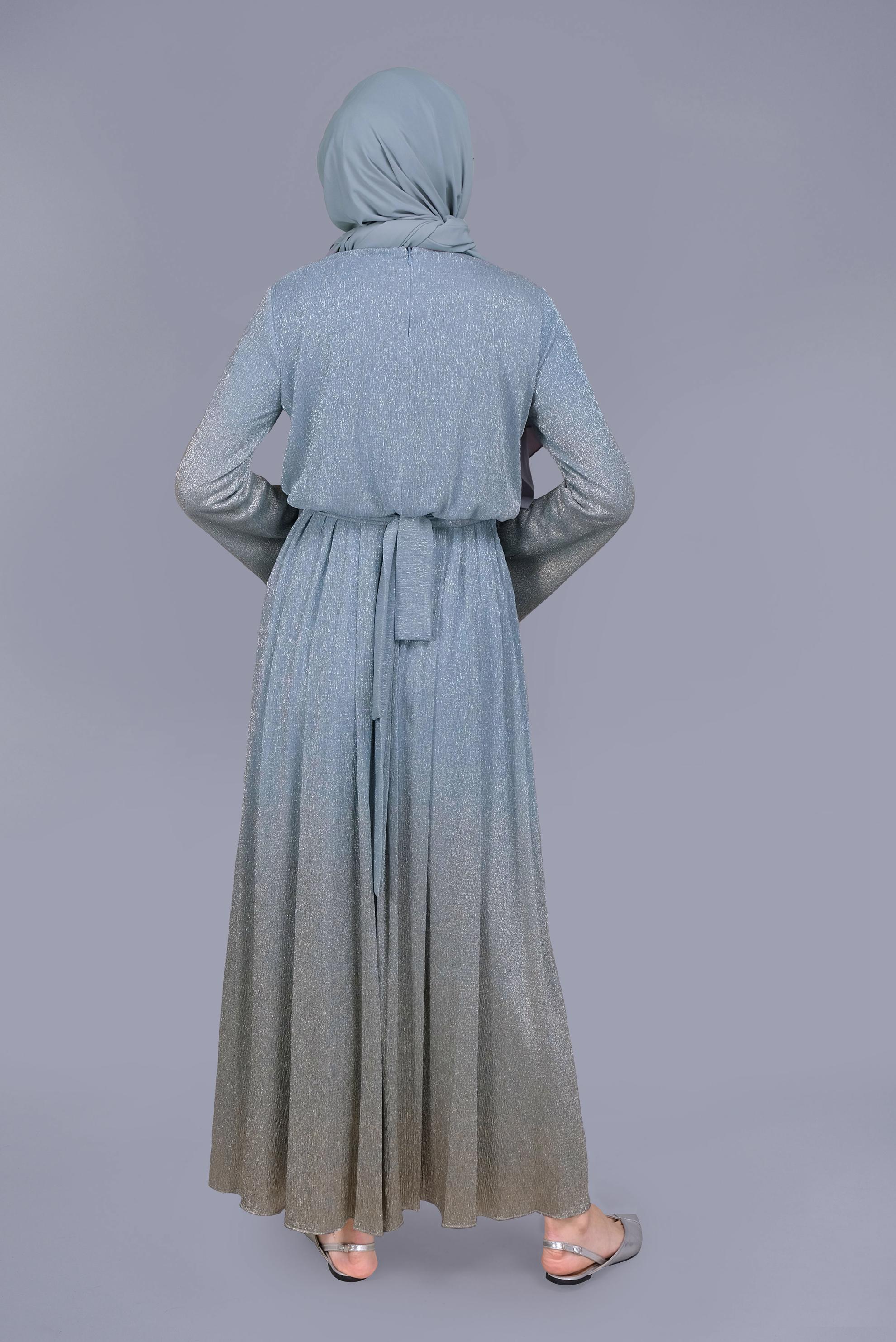 Tesettür giyim MAVİ  FOİL BASKILI SİMLİ ELBİSE 40831