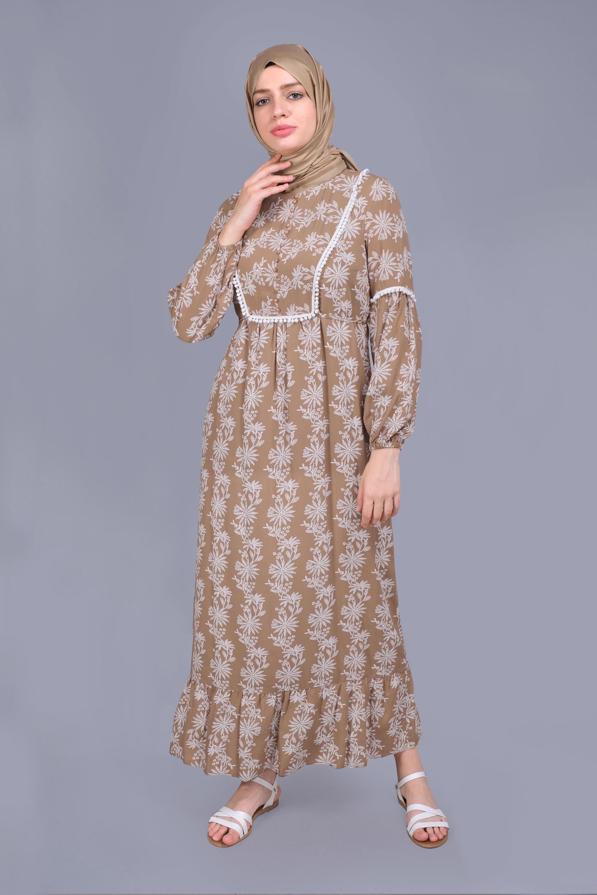 Tesettür giyim SARI NAKIŞLI MANŞETLERİ LASTİKLİ ELBİSE 40834 