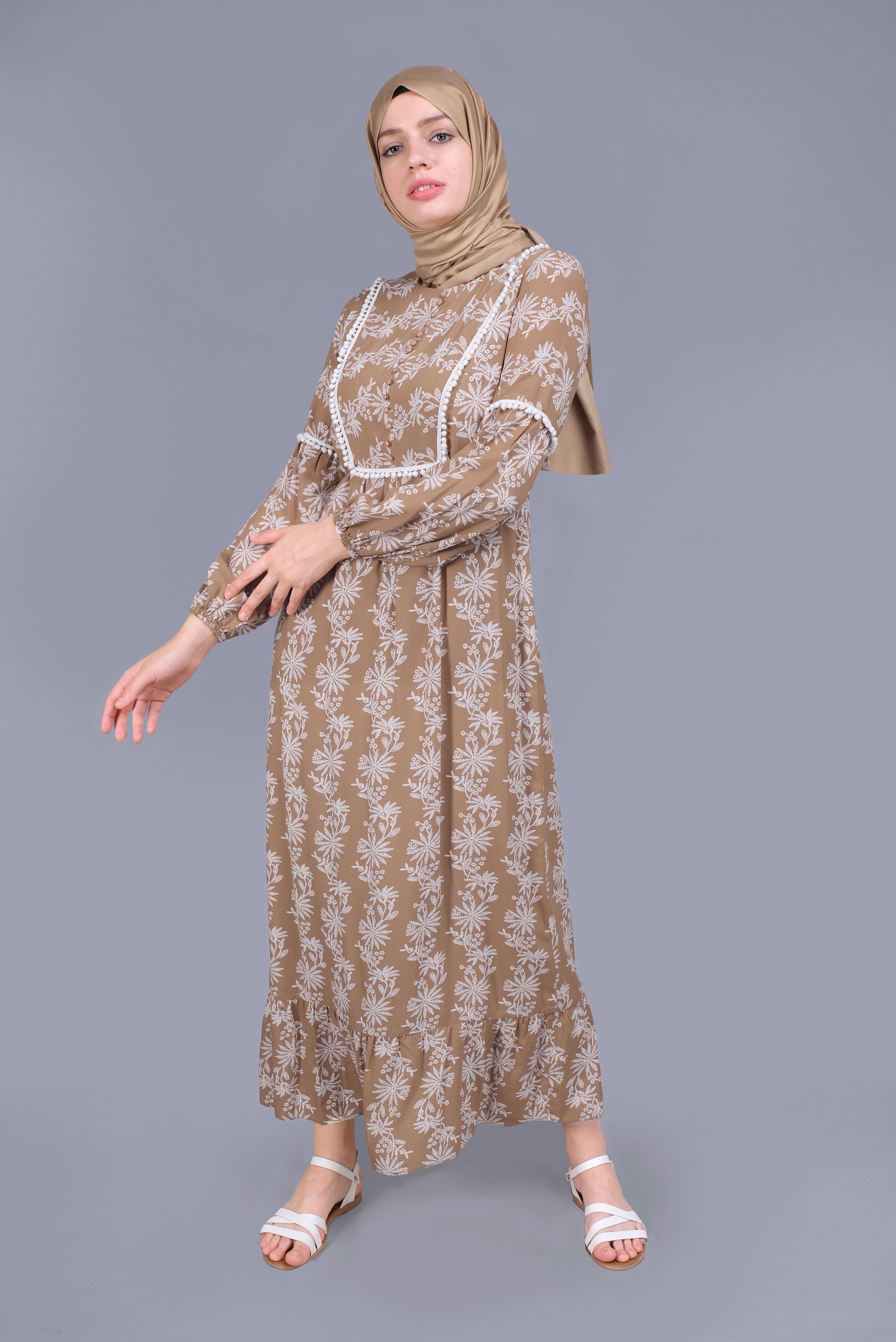 Tesettür giyim SARI NAKIŞLI MANŞETLERİ LASTİKLİ ELBİSE 40834 