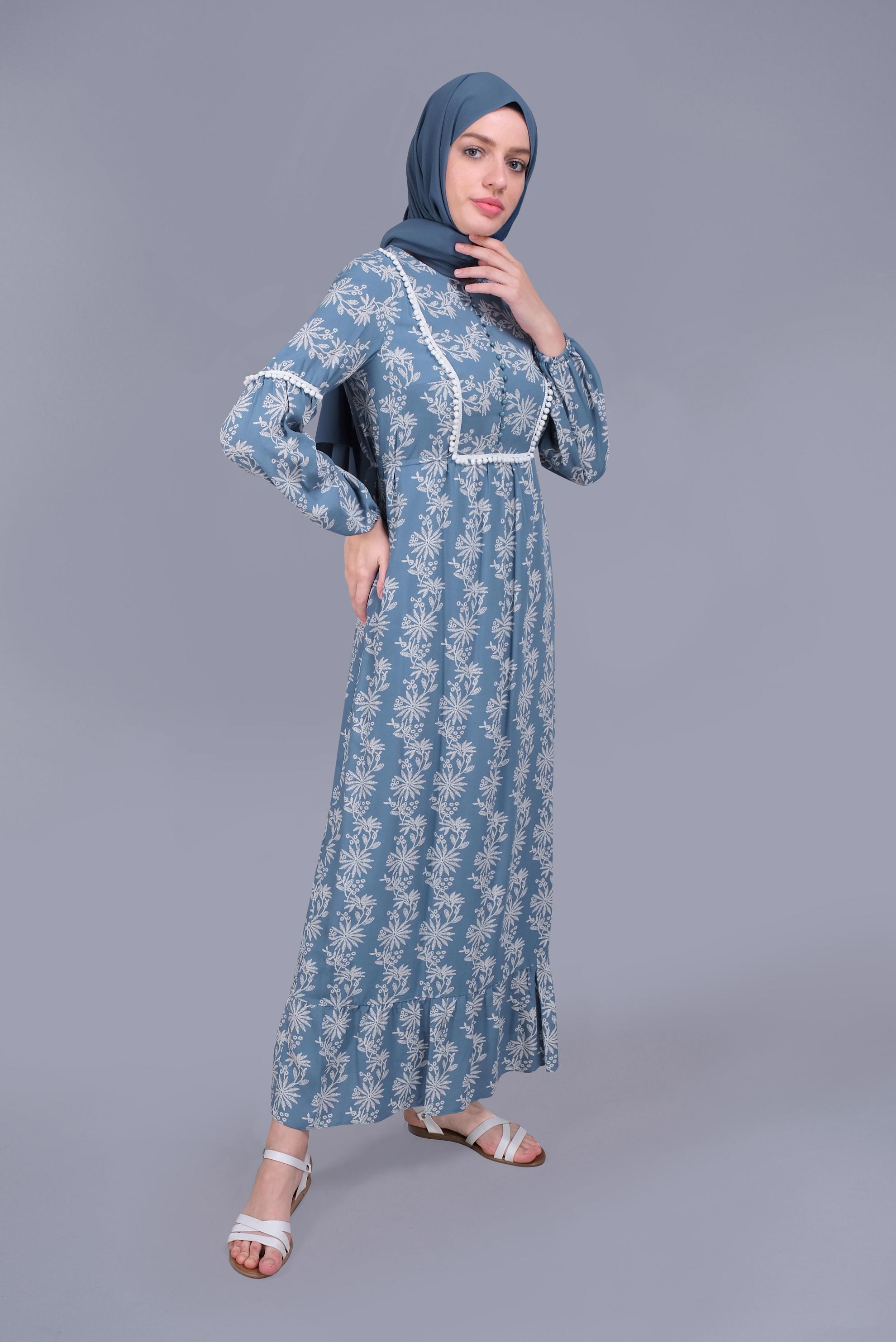 Tesettür giyim LACİVERT NAKIŞLI MANŞETLERİ LASTİKLİ ELBİSE 40834 