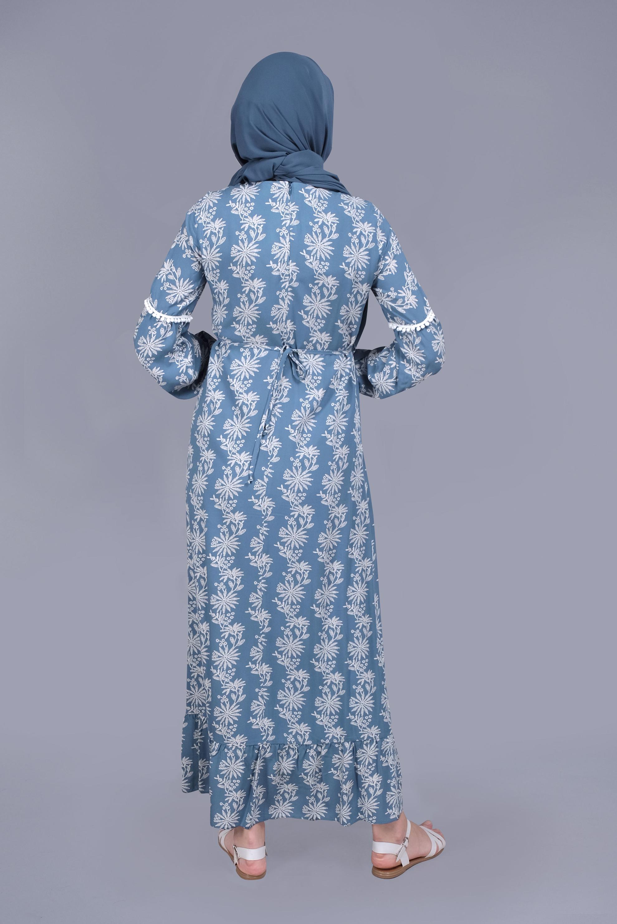 Tesettür giyim LACİVERT NAKIŞLI MANŞETLERİ LASTİKLİ ELBİSE 40834 