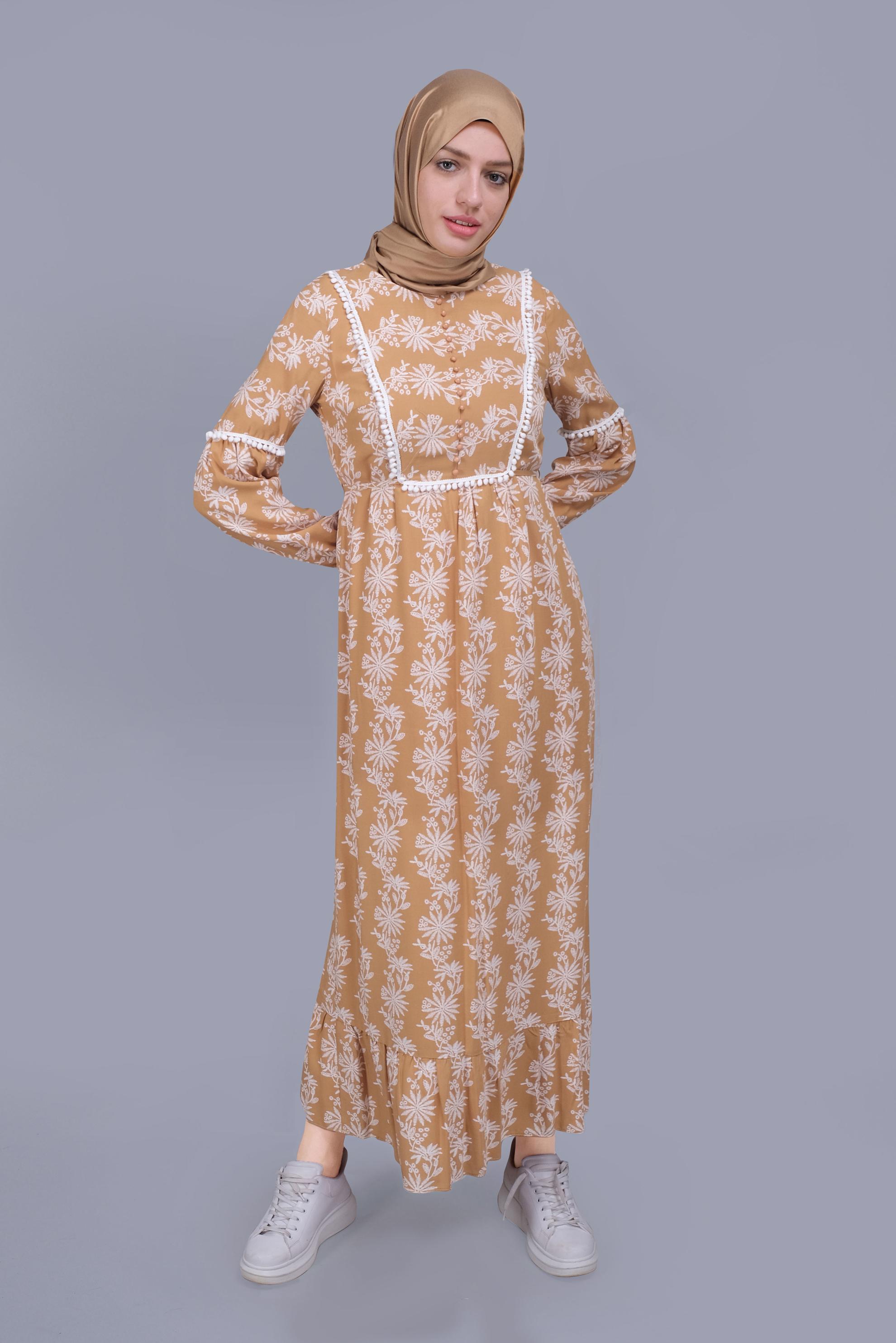 Tesettür giyim KAHVE NAKIŞLI MANŞETLERİ LASTİKLİ ELBİSE 40834 