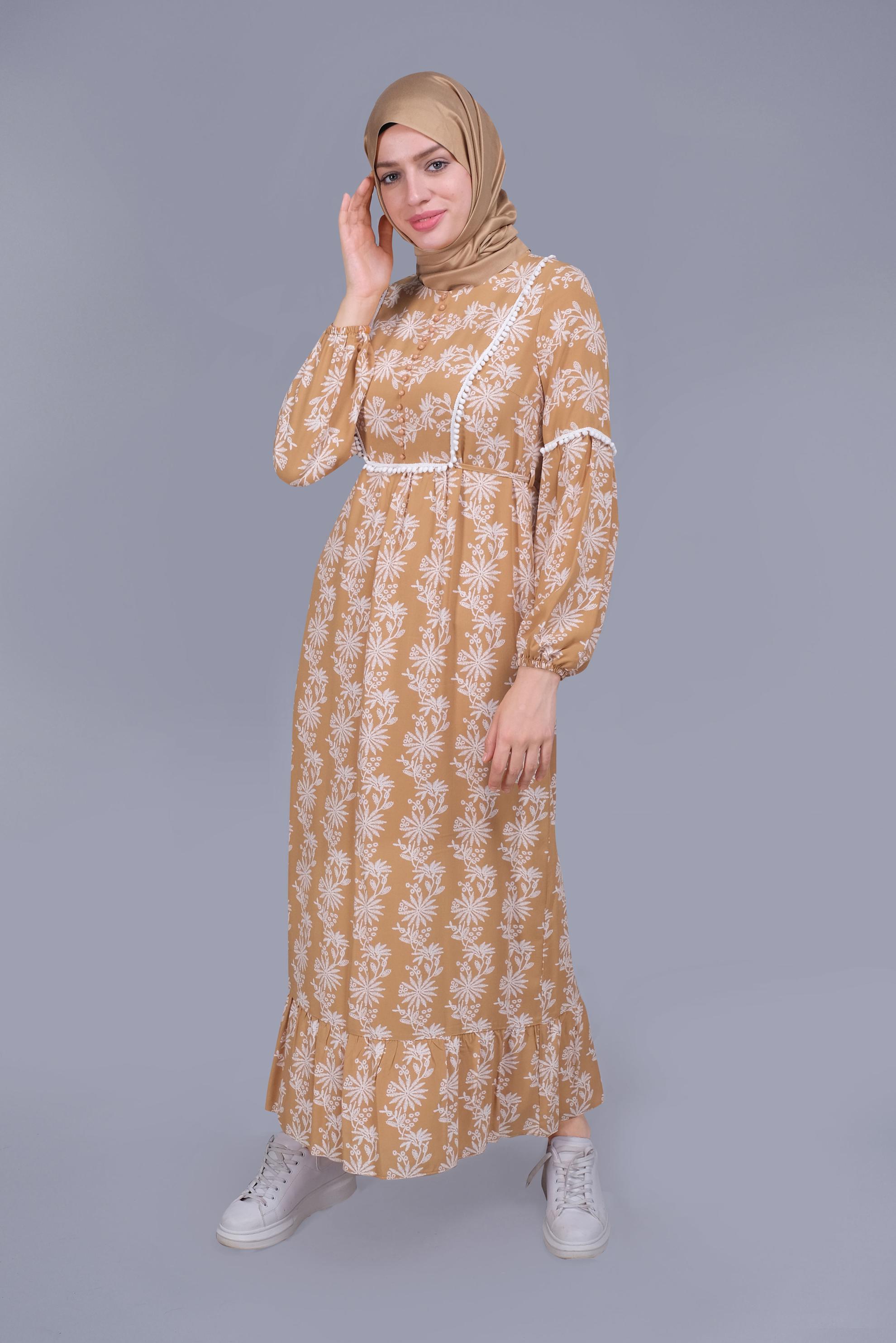 Tesettür giyim KAHVE NAKIŞLI MANŞETLERİ LASTİKLİ ELBİSE 40834 