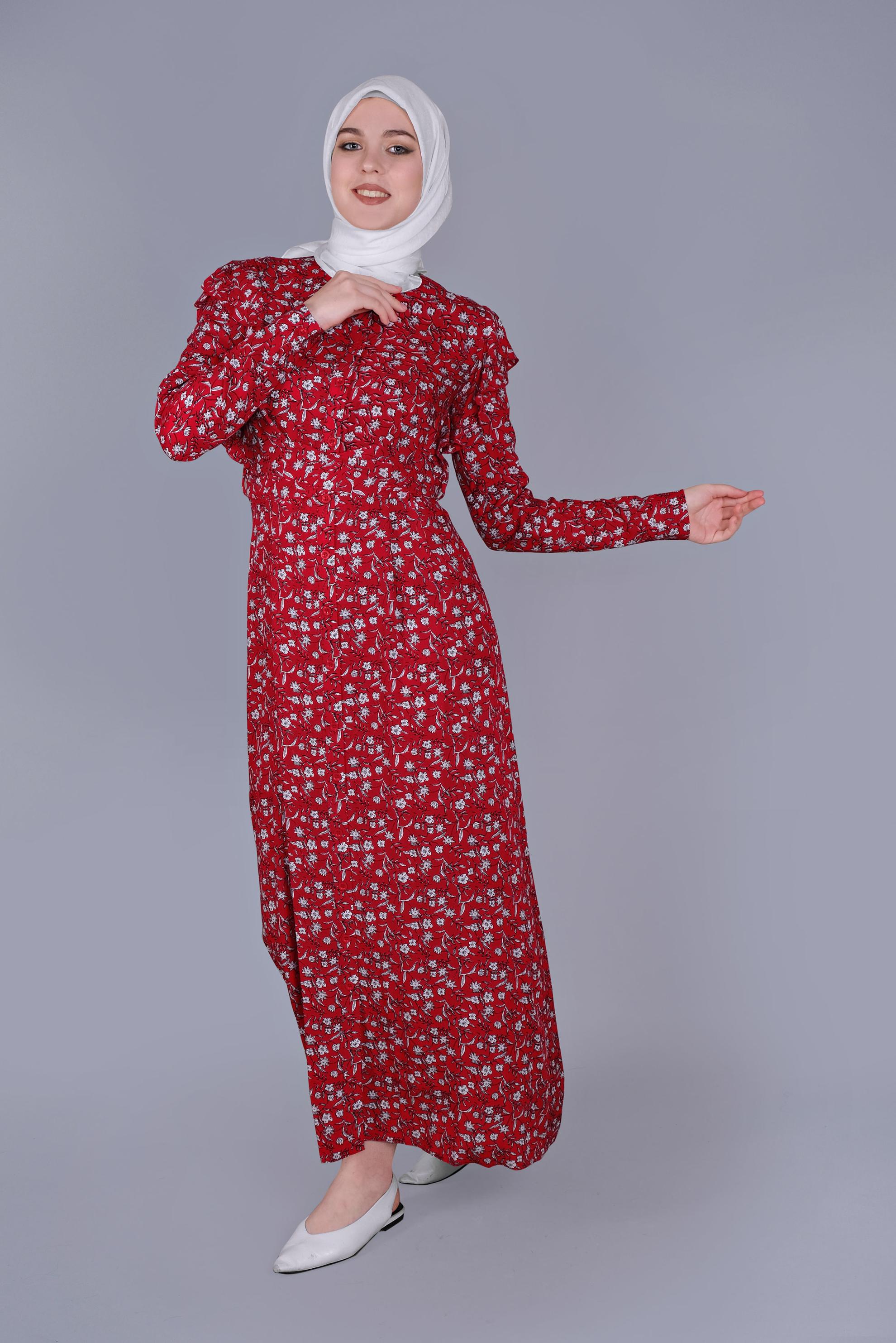 Tesettür giyim KIRMIZI ÇİÇEKLİ FIRFIRLI KUŞAKLI ELBİSE  40835