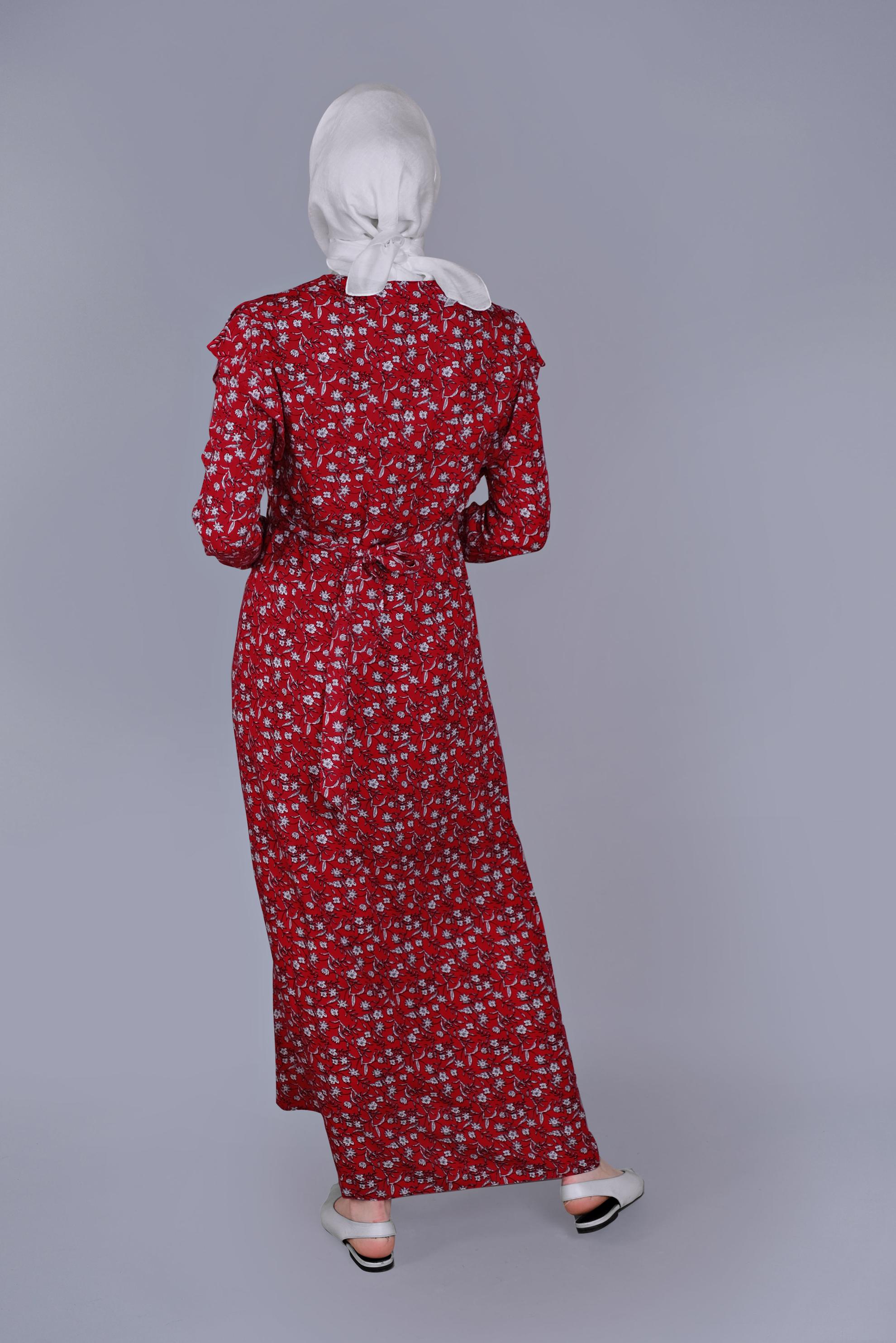 Tesettür giyim KIRMIZI ÇİÇEKLİ FIRFIRLI KUŞAKLI ELBİSE  40835