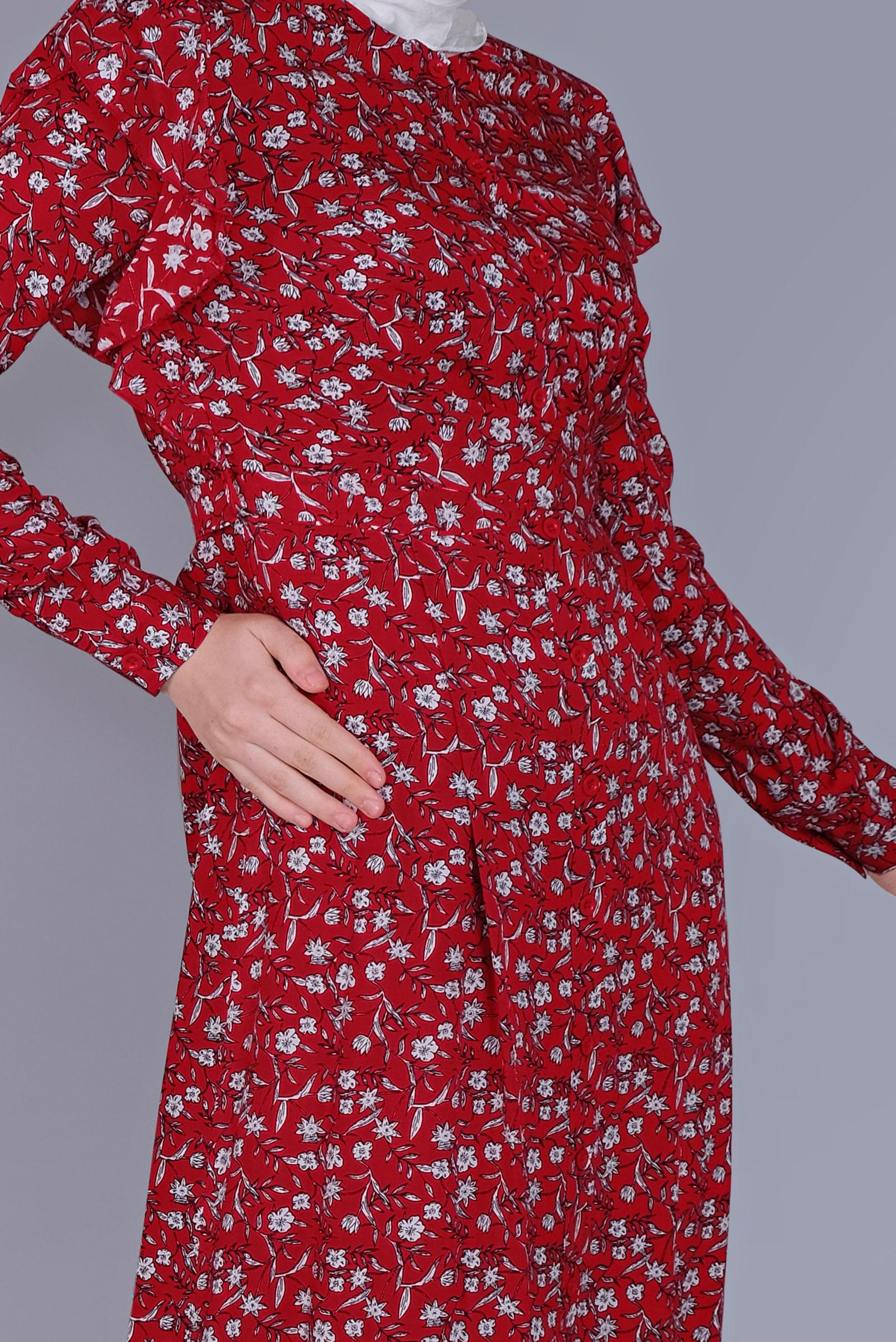 Tesettür giyim KIRMIZI ÇİÇEKLİ FIRFIRLI KUŞAKLI ELBİSE  40835