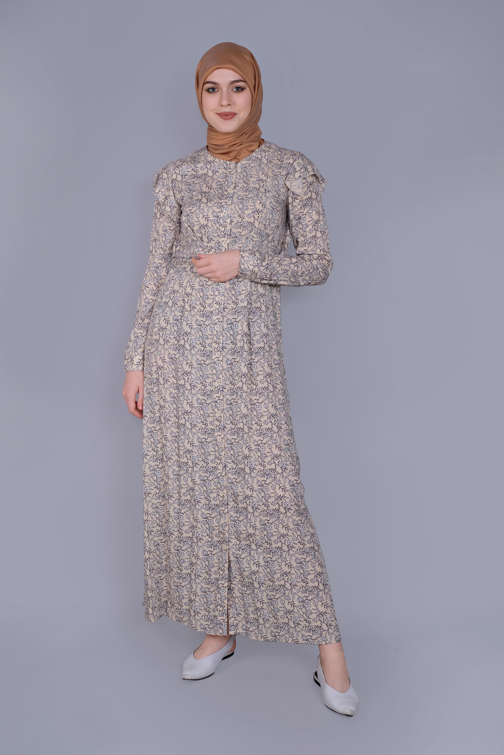Tesettür giyim BEJ ÇİÇEKLİ FIRFIRLI KUŞAKLI ELBİSE  40835