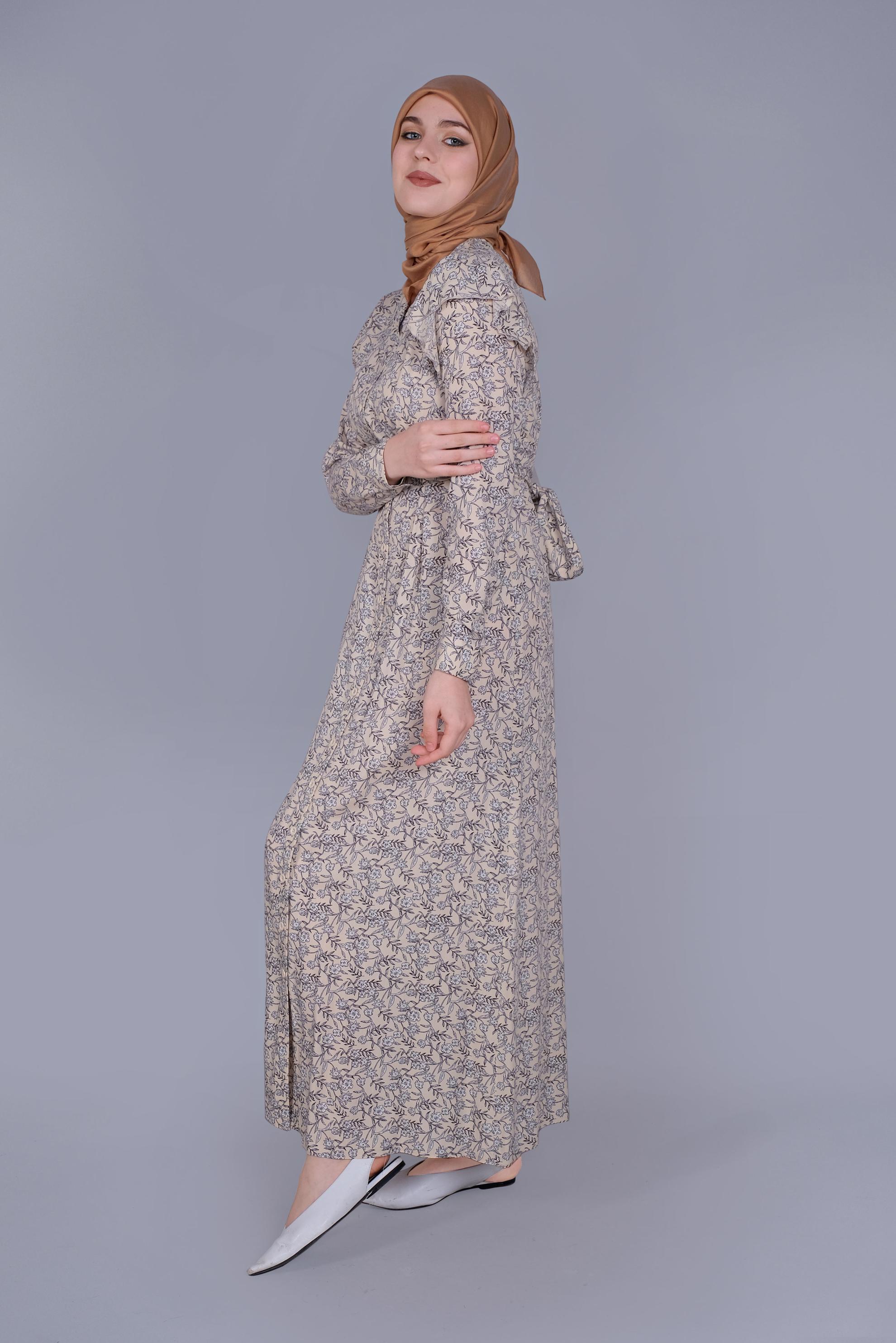Tesettür giyim BEJ ÇİÇEKLİ FIRFIRLI KUŞAKLI ELBİSE  40835