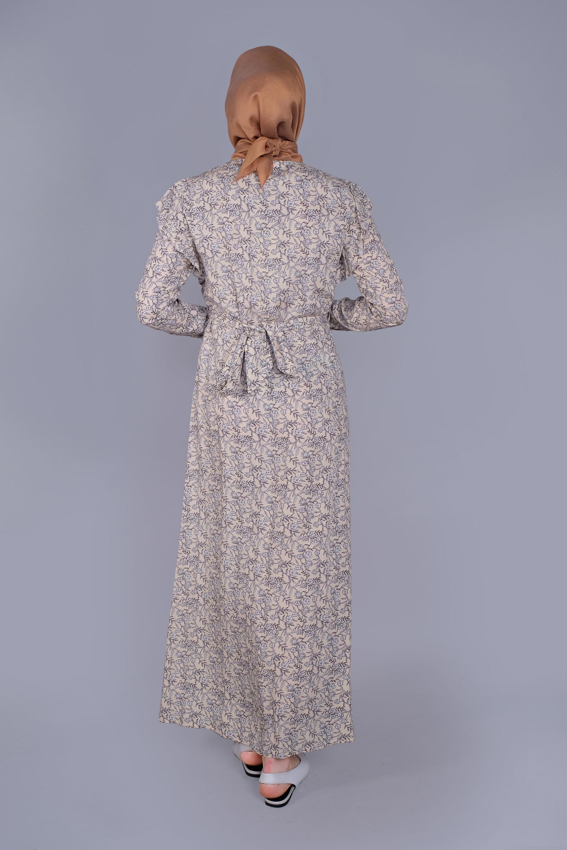 Tesettür giyim BEJ ÇİÇEKLİ FIRFIRLI KUŞAKLI ELBİSE  40835