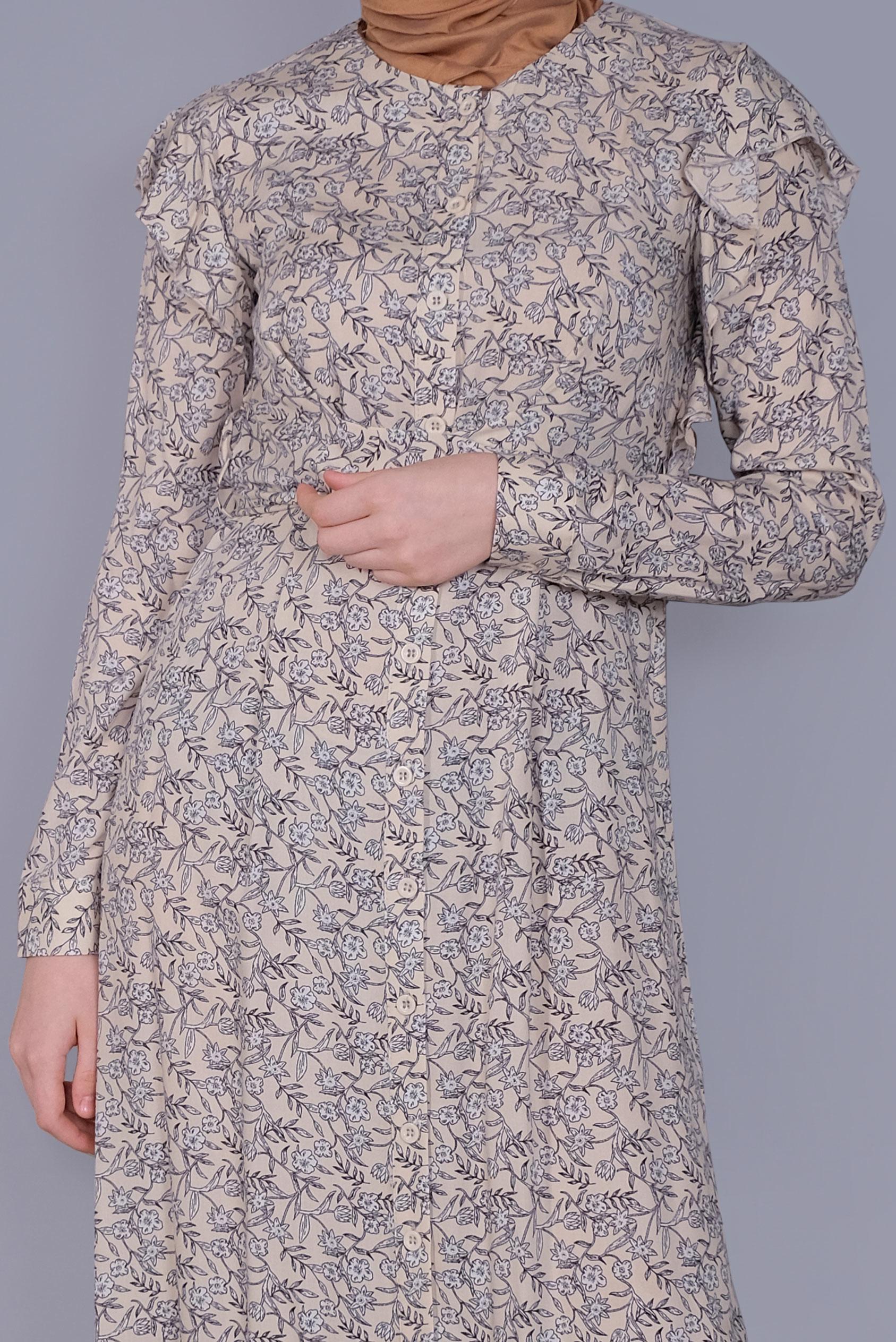 Tesettür giyim BEJ ÇİÇEKLİ FIRFIRLI KUŞAKLI ELBİSE  40835