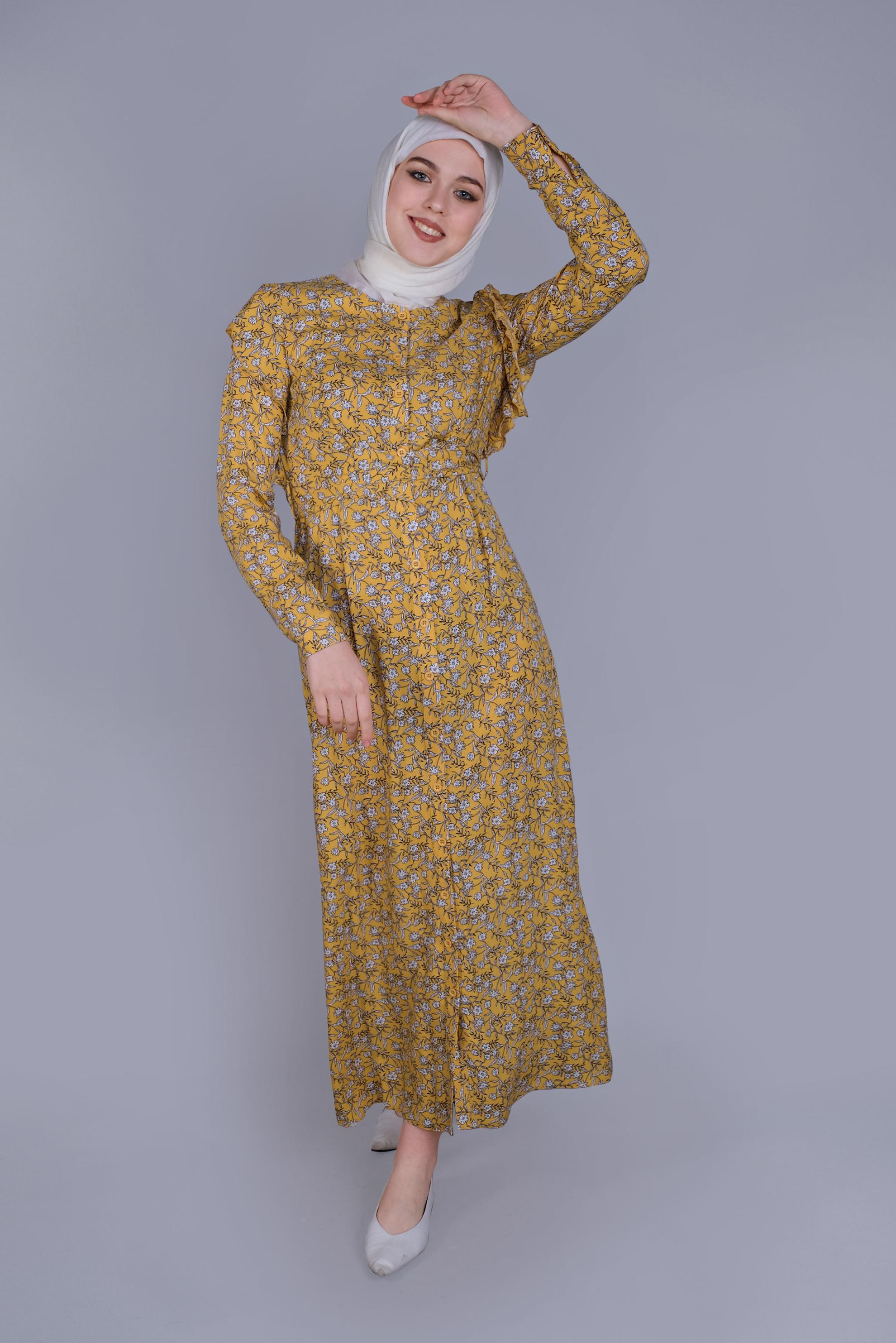 Tesettür giyim SARI ÇİÇEKLİ FIRFIRLI KUŞAKLI ELBİSE  40835