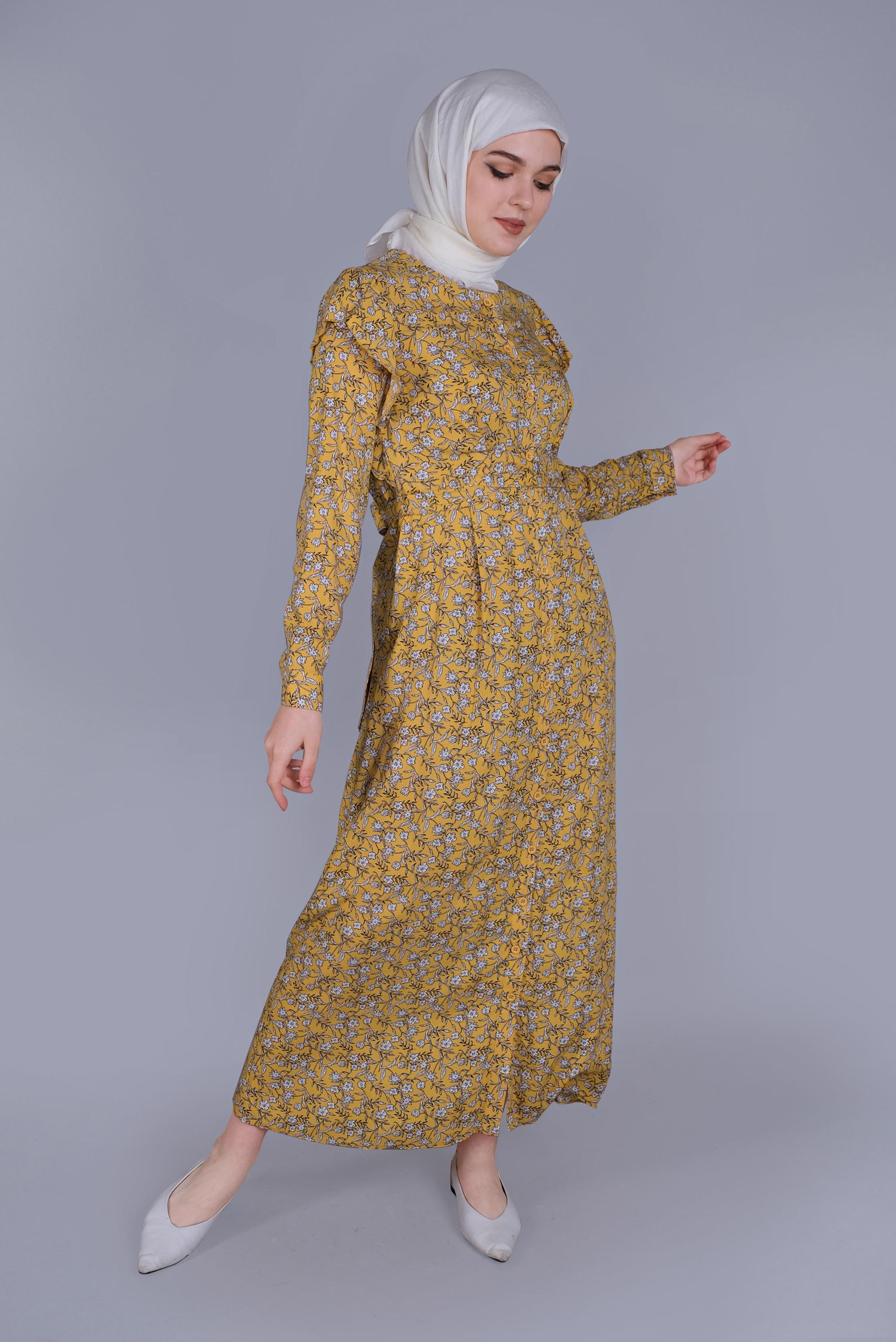 Tesettür giyim SARI ÇİÇEKLİ FIRFIRLI KUŞAKLI ELBİSE  40835