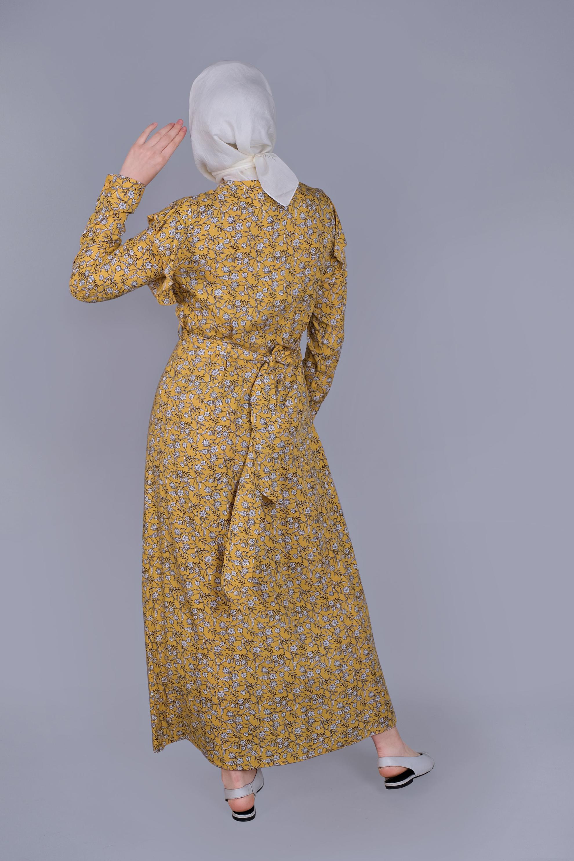 Tesettür giyim SARI ÇİÇEKLİ FIRFIRLI KUŞAKLI ELBİSE  40835