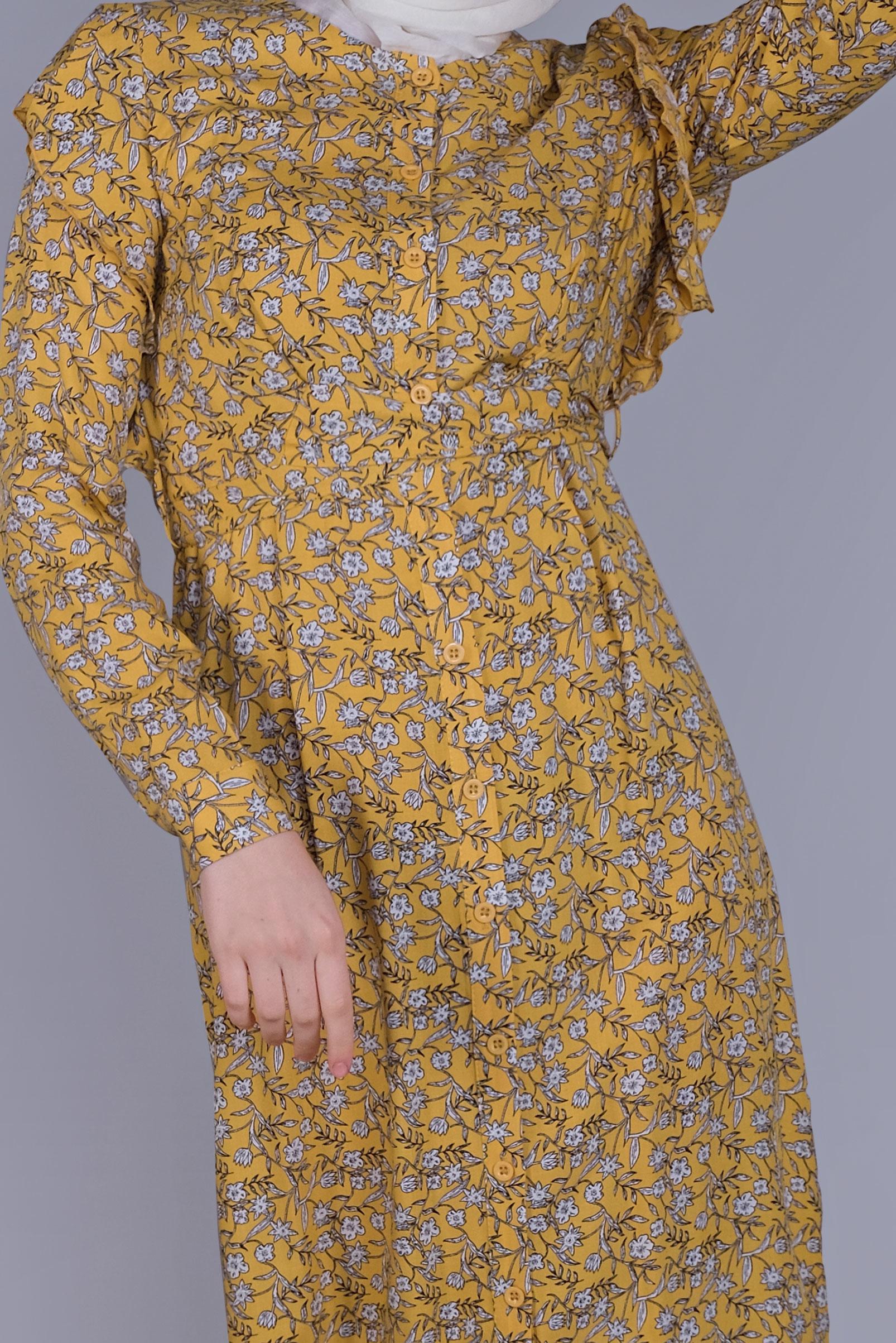 Tesettür giyim SARI ÇİÇEKLİ FIRFIRLI KUŞAKLI ELBİSE  40835