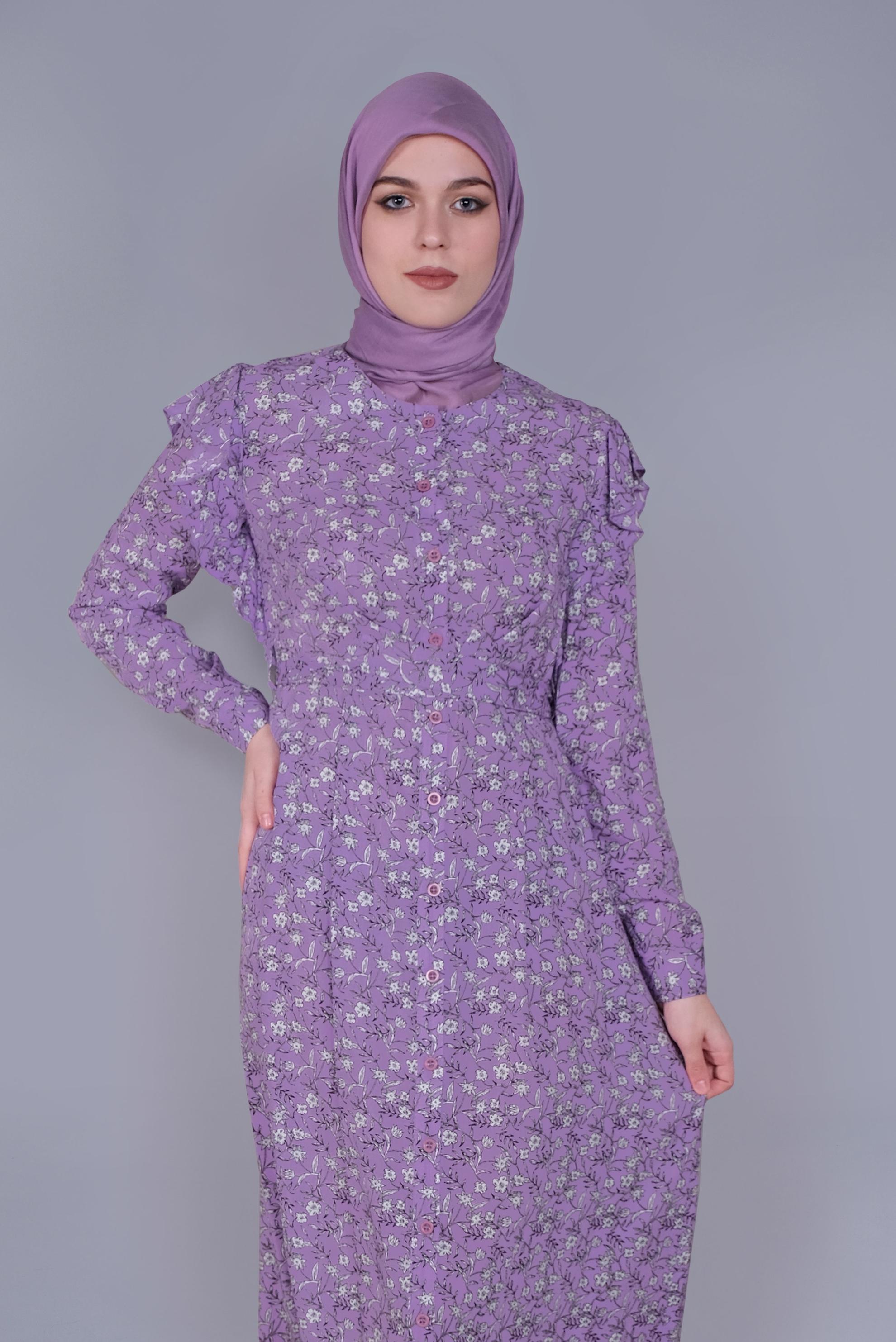 Tesettür giyim MOR ÇİÇEKLİ FIRFIRLI KUŞAKLI ELBİSE  40835