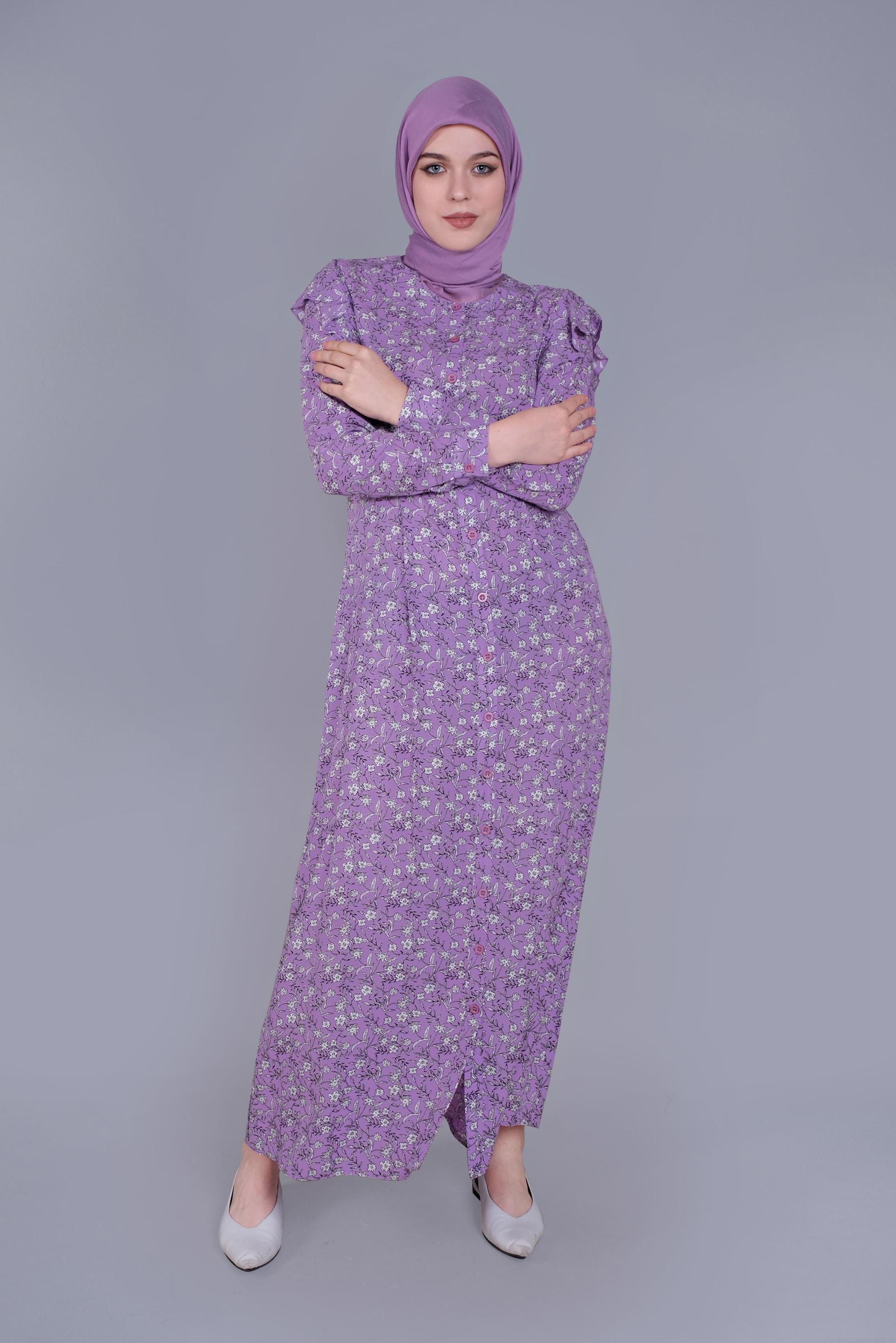 Tesettür giyim MOR ÇİÇEKLİ FIRFIRLI KUŞAKLI ELBİSE  40835