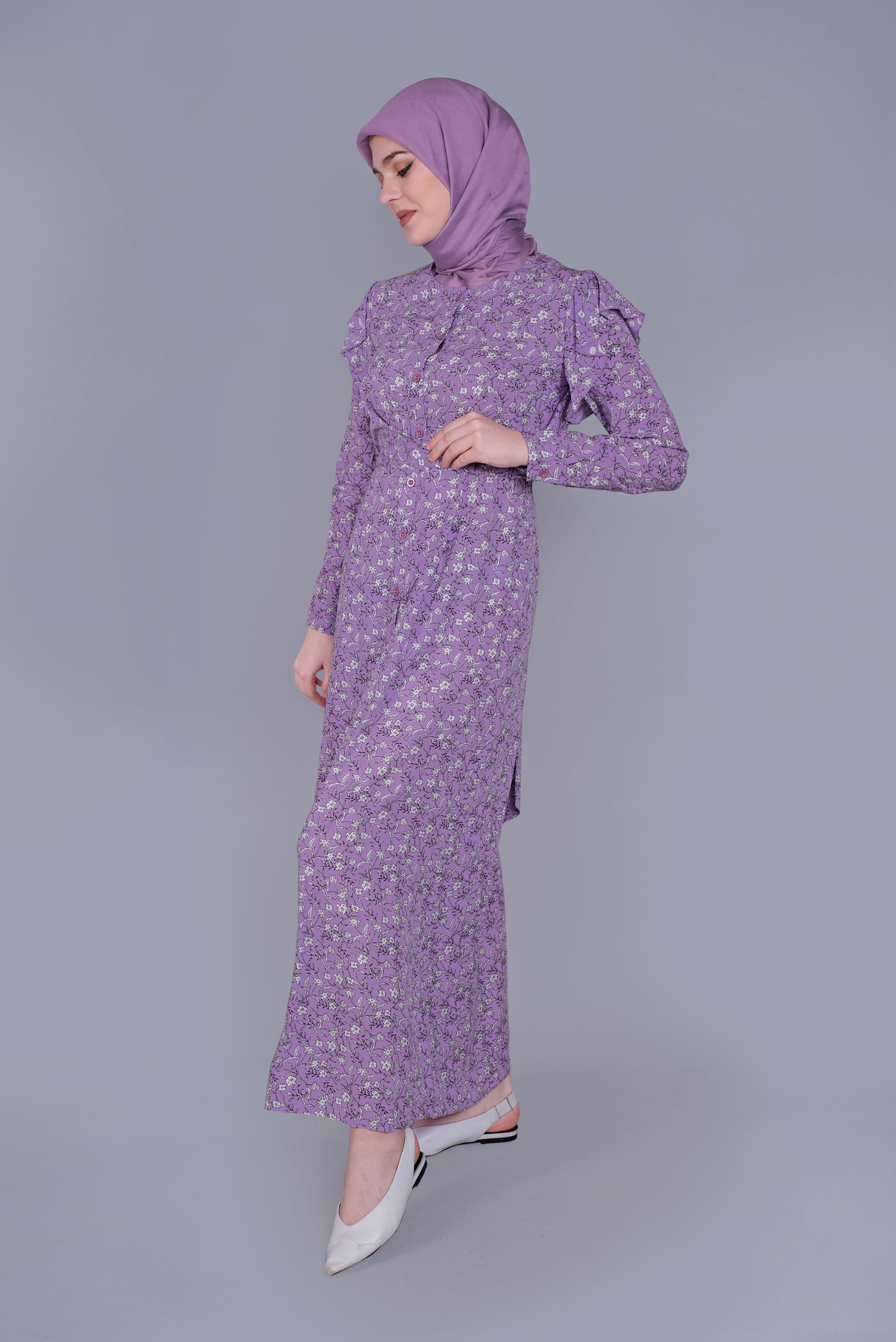 Tesettür giyim MOR ÇİÇEKLİ FIRFIRLI KUŞAKLI ELBİSE  40835