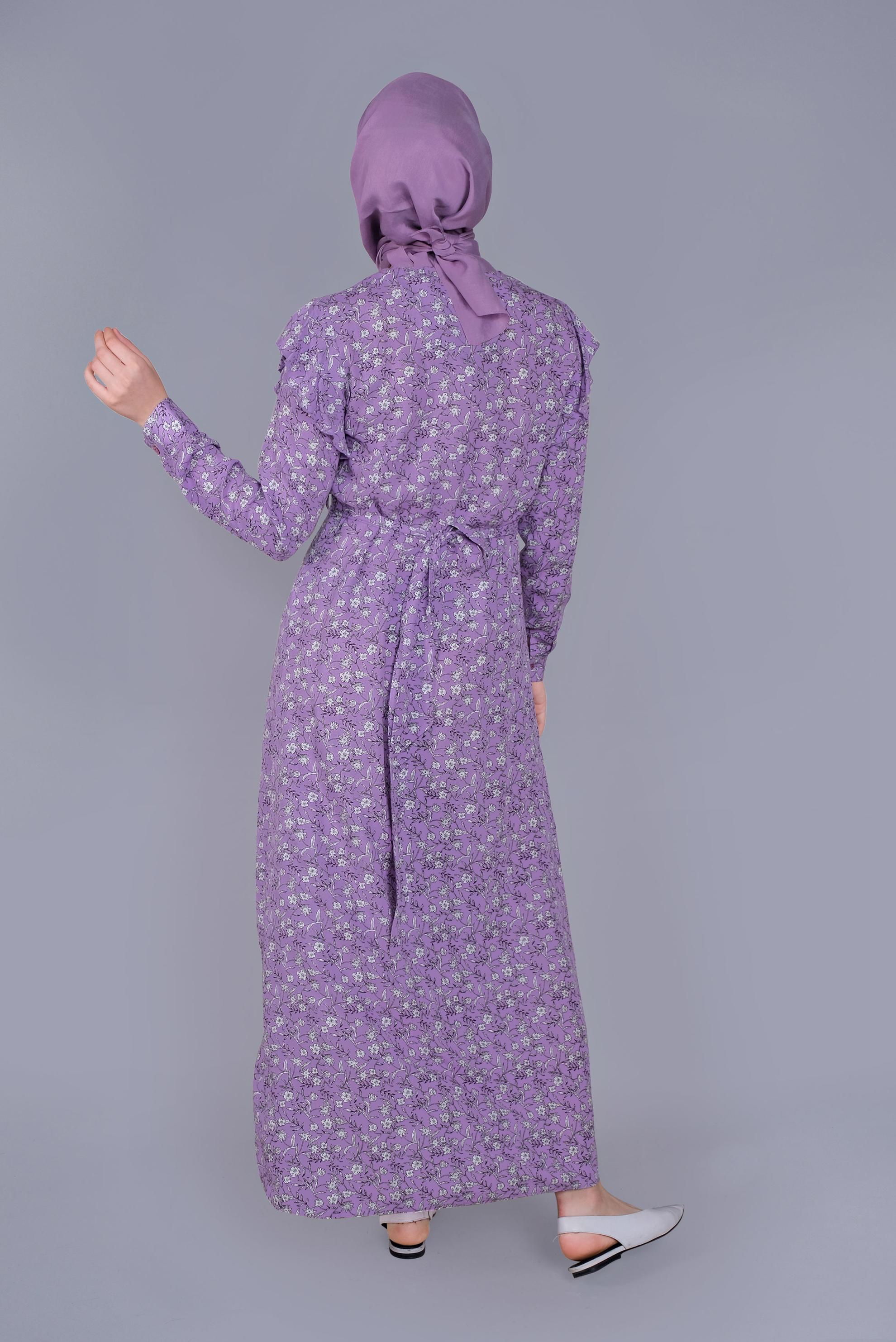 Tesettür giyim MOR ÇİÇEKLİ FIRFIRLI KUŞAKLI ELBİSE  40835