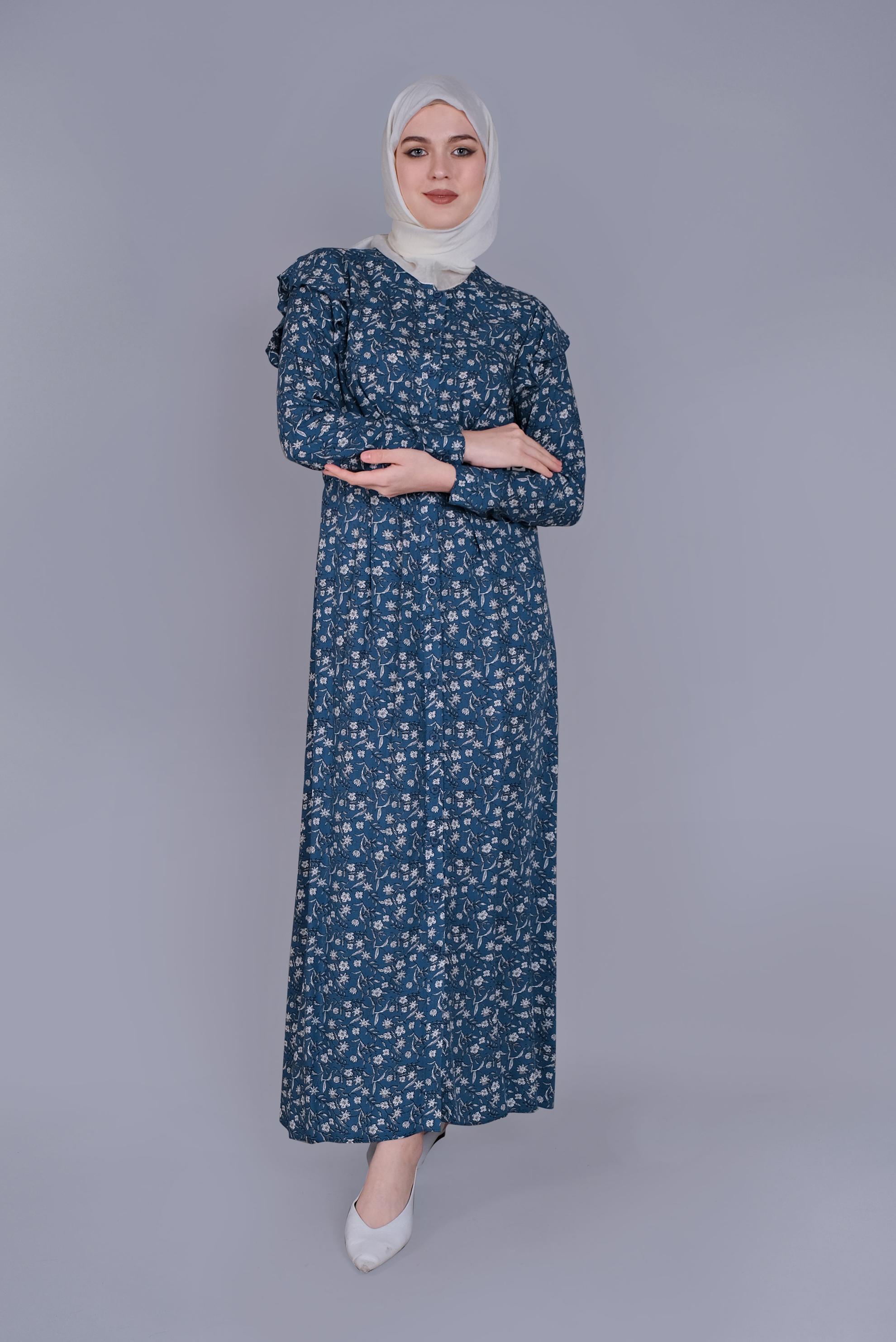 Tesettür giyim LACİVERT ÇİÇEKLİ FIRFIRLI KUŞAKLI ELBİSE  40835
