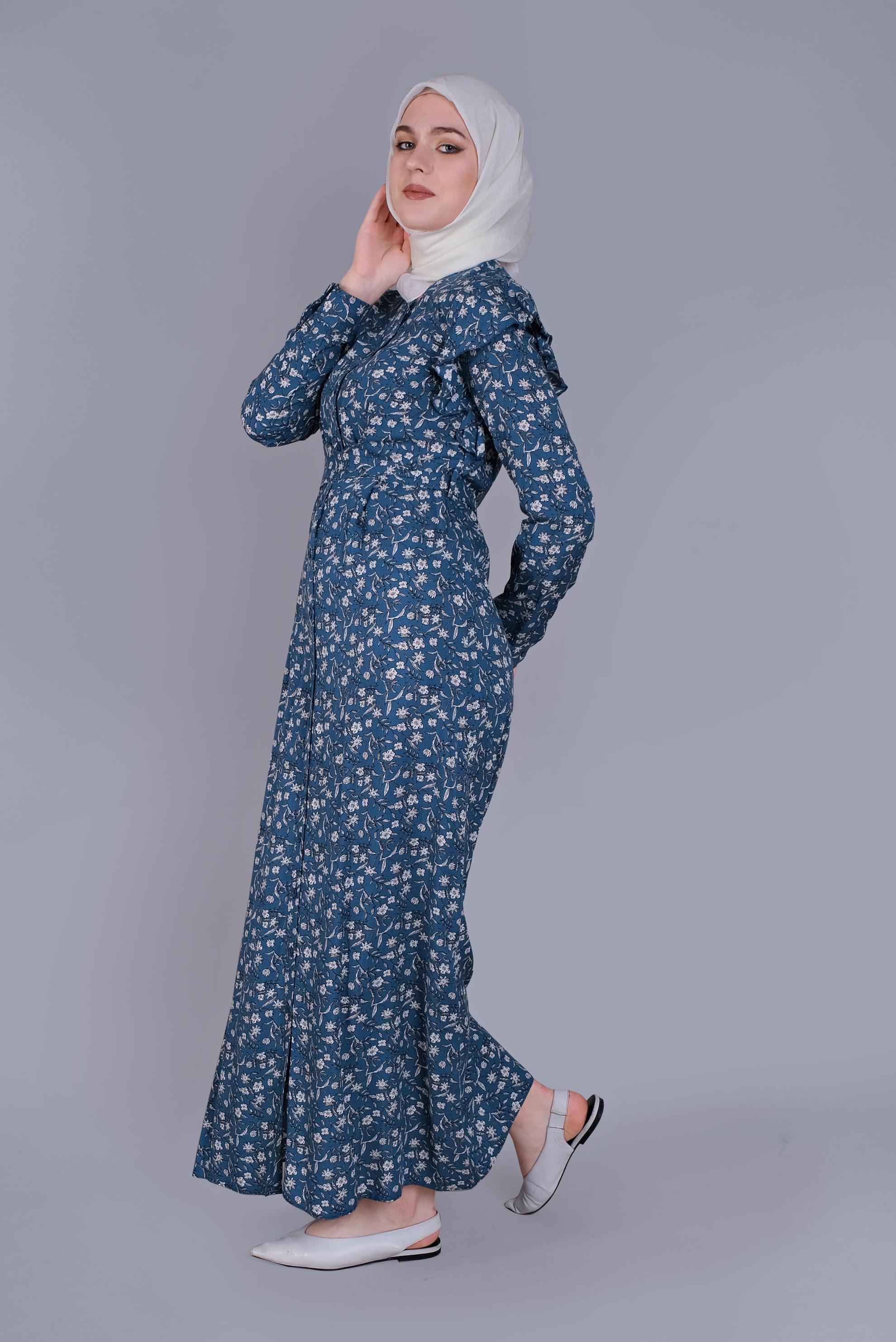 Tesettür giyim LACİVERT ÇİÇEKLİ FIRFIRLI KUŞAKLI ELBİSE  40835