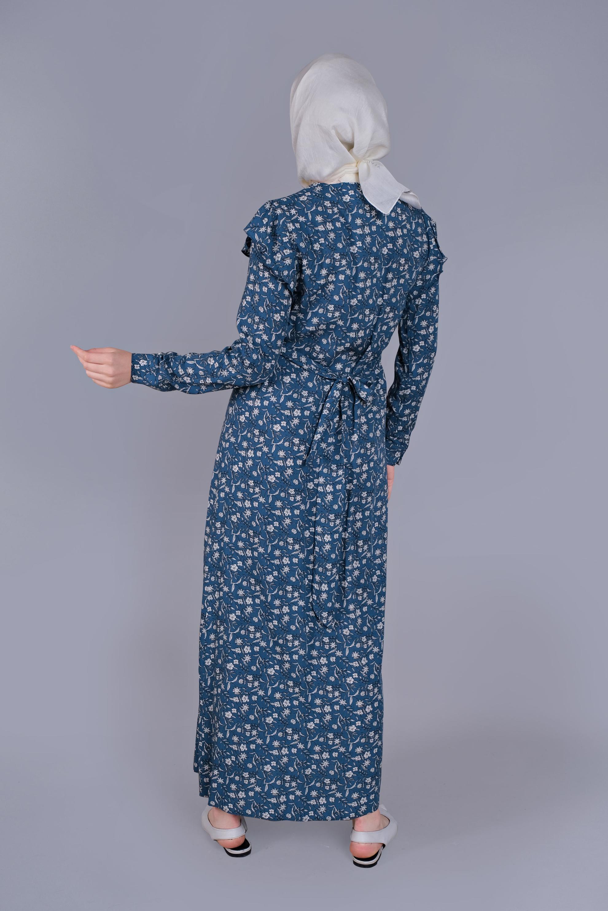 Tesettür giyim LACİVERT ÇİÇEKLİ FIRFIRLI KUŞAKLI ELBİSE  40835