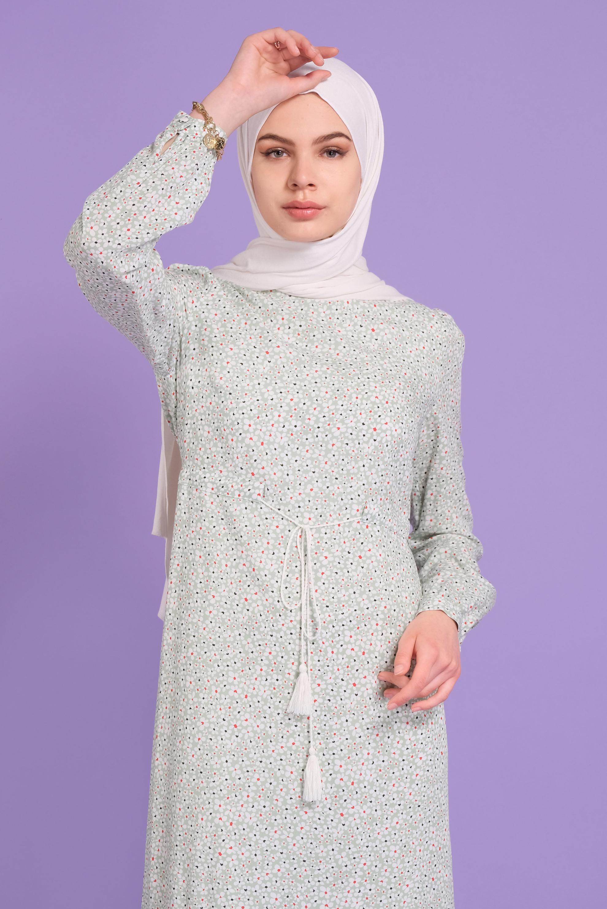 Tesettür giyim YEŞİL BAĞCIKLI ÇİÇEKLİ ELBİSE 40836 