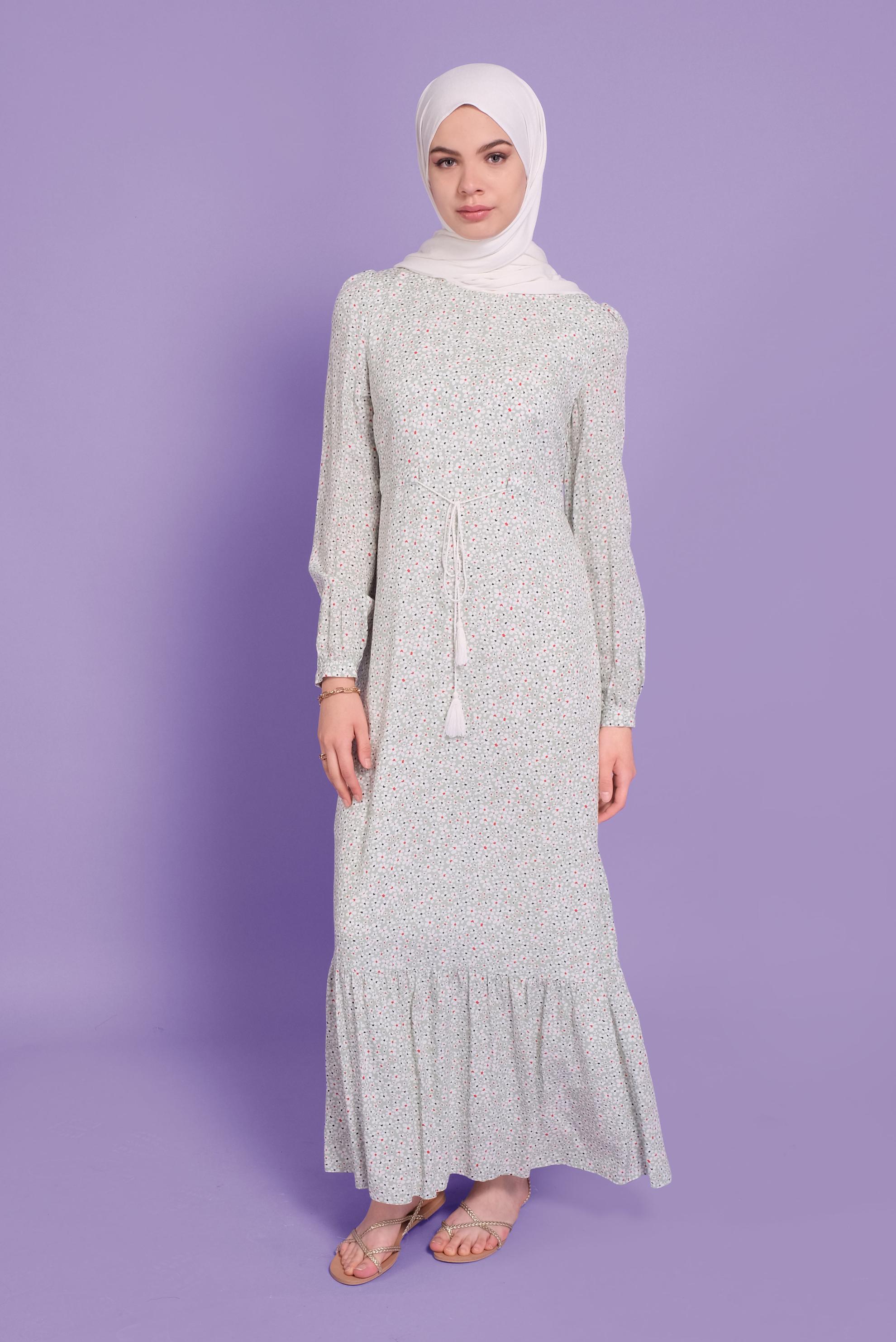 Tesettür giyim YEŞİL BAĞCIKLI ÇİÇEKLİ ELBİSE 40836 