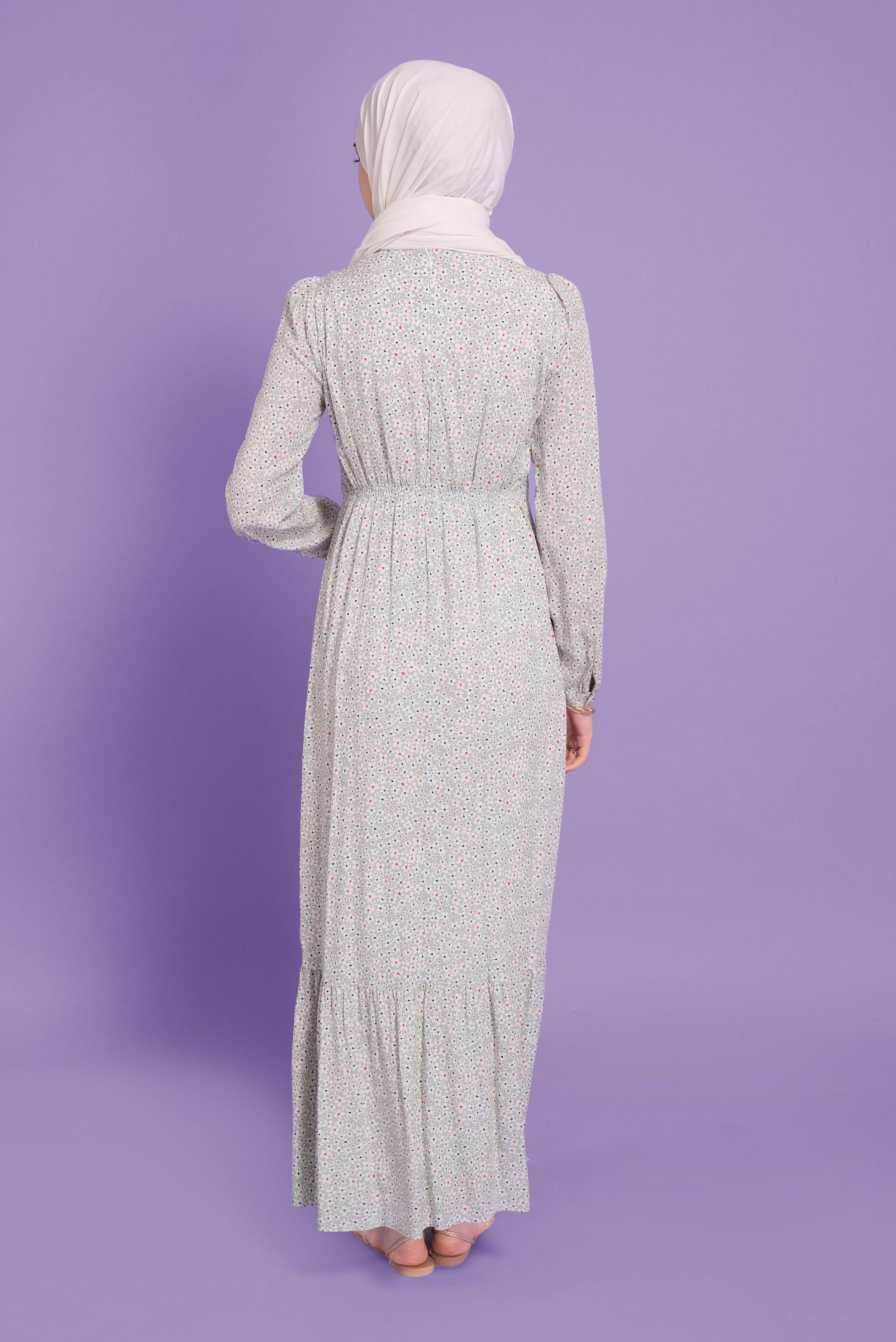 Tesettür giyim YEŞİL BAĞCIKLI ÇİÇEKLİ ELBİSE 40836 