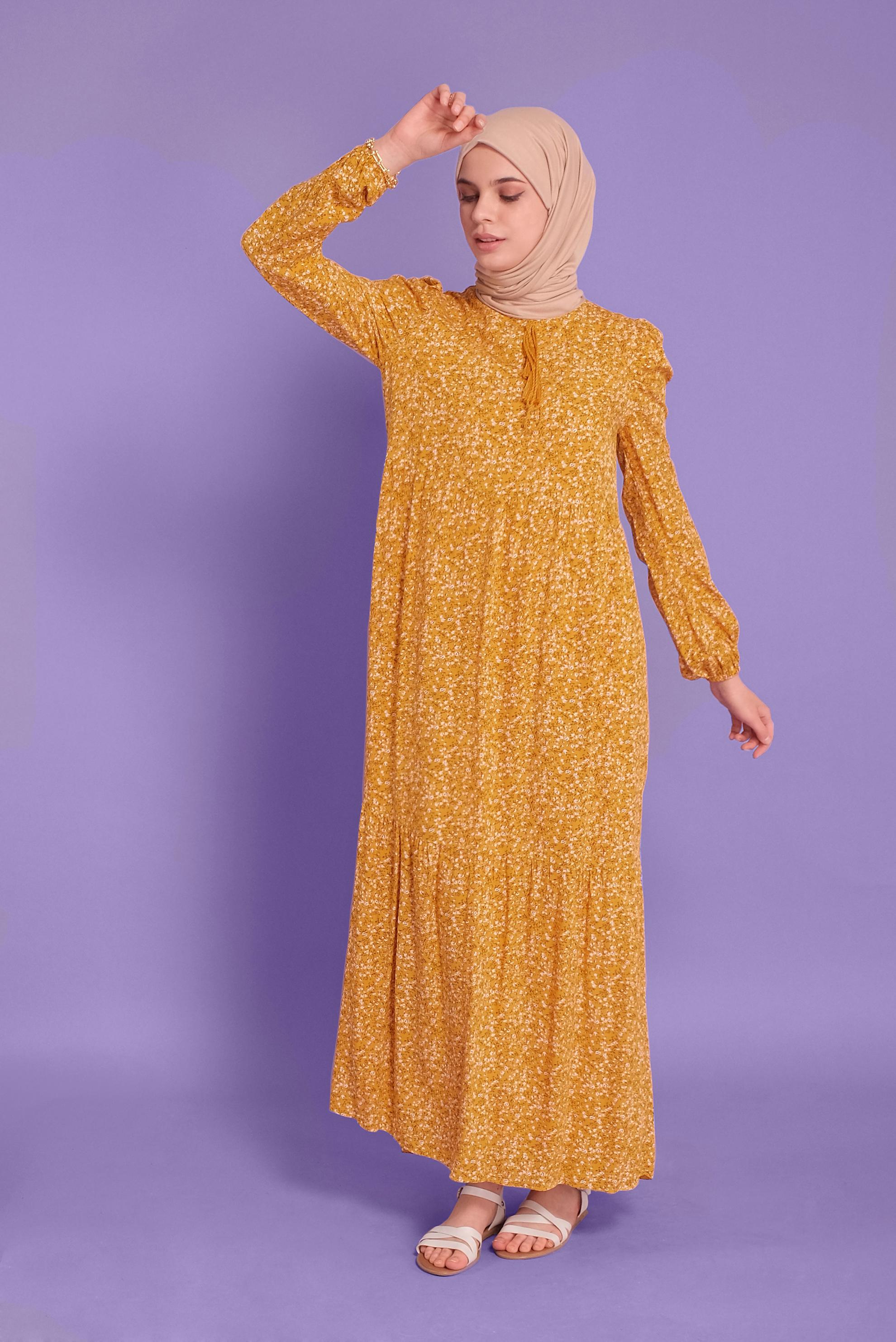 Tesettür giyim SARI ÇİÇEK DESENLİ ELBİSE 40837 