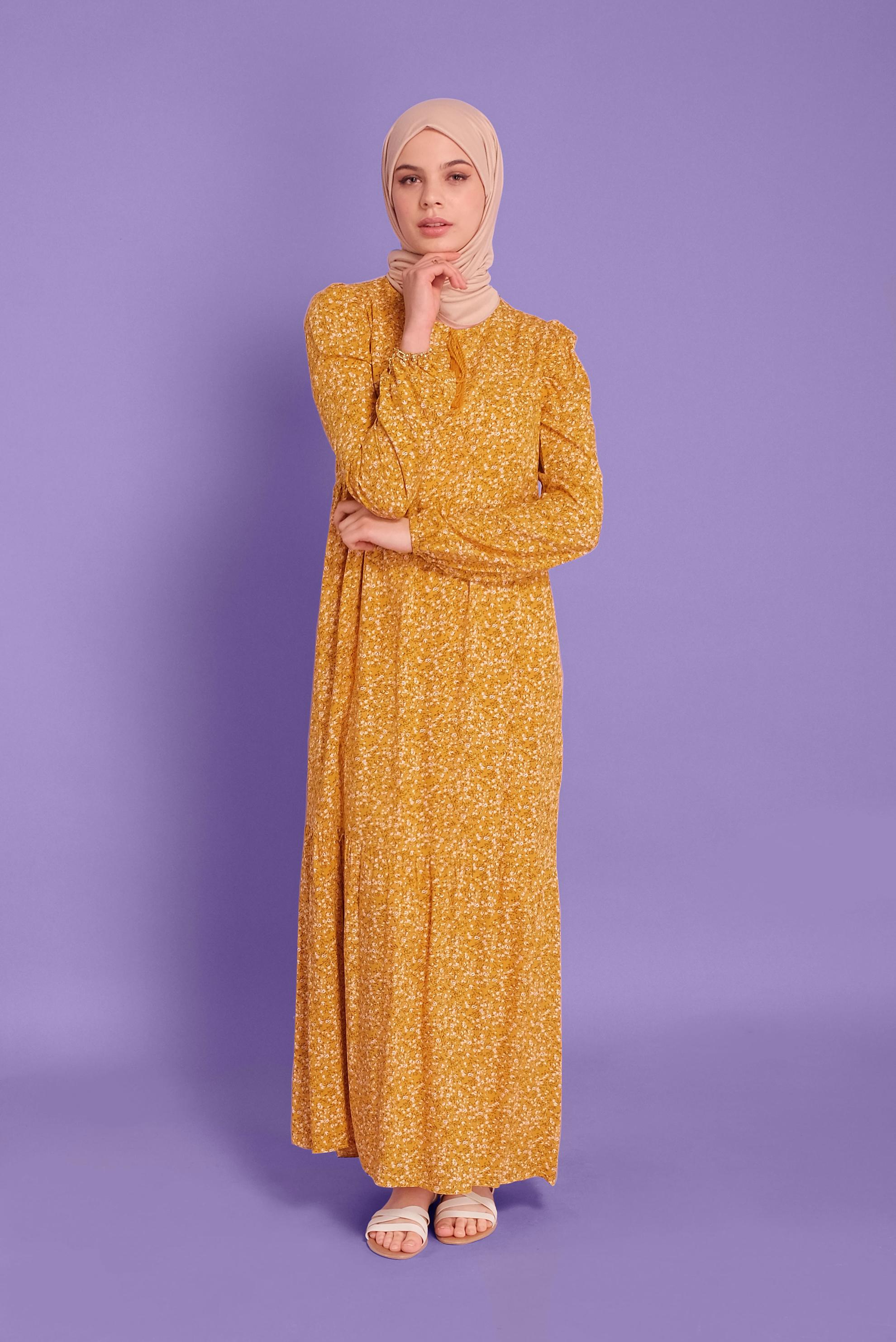 Tesettür giyim SARI ÇİÇEK DESENLİ ELBİSE 40837 