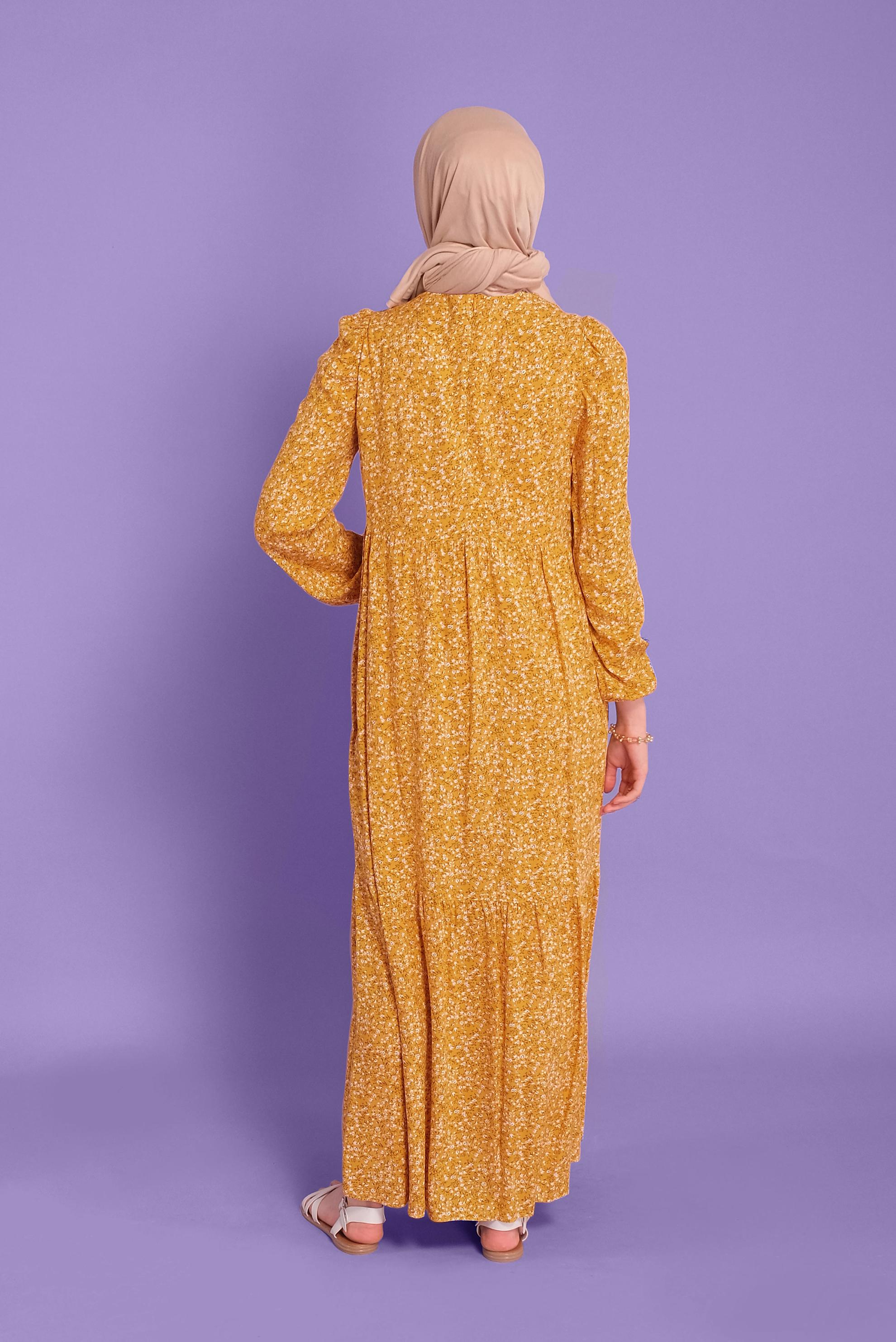 Tesettür giyim SARI ÇİÇEK DESENLİ ELBİSE 40837 