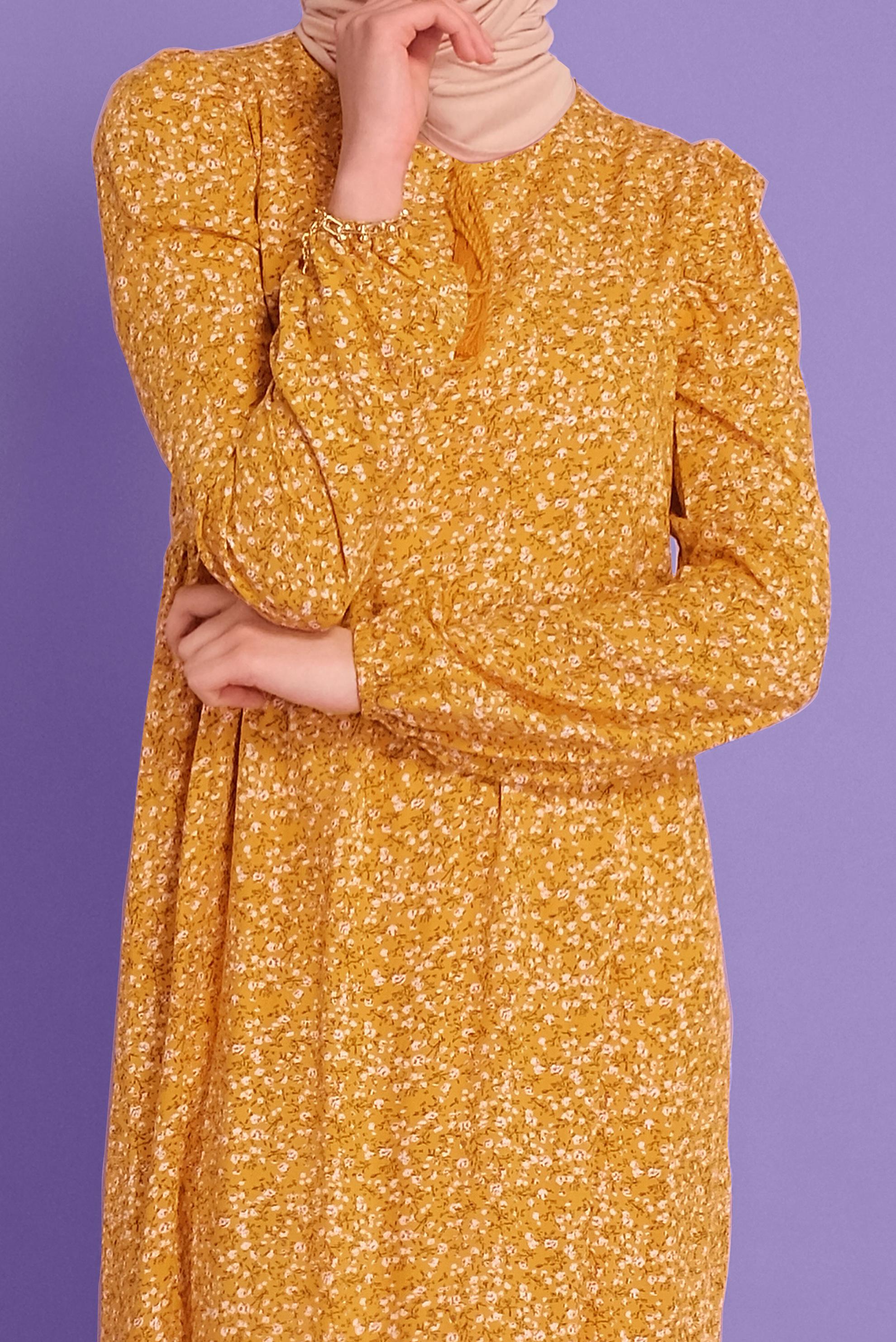 Tesettür giyim SARI ÇİÇEK DESENLİ ELBİSE 40837 