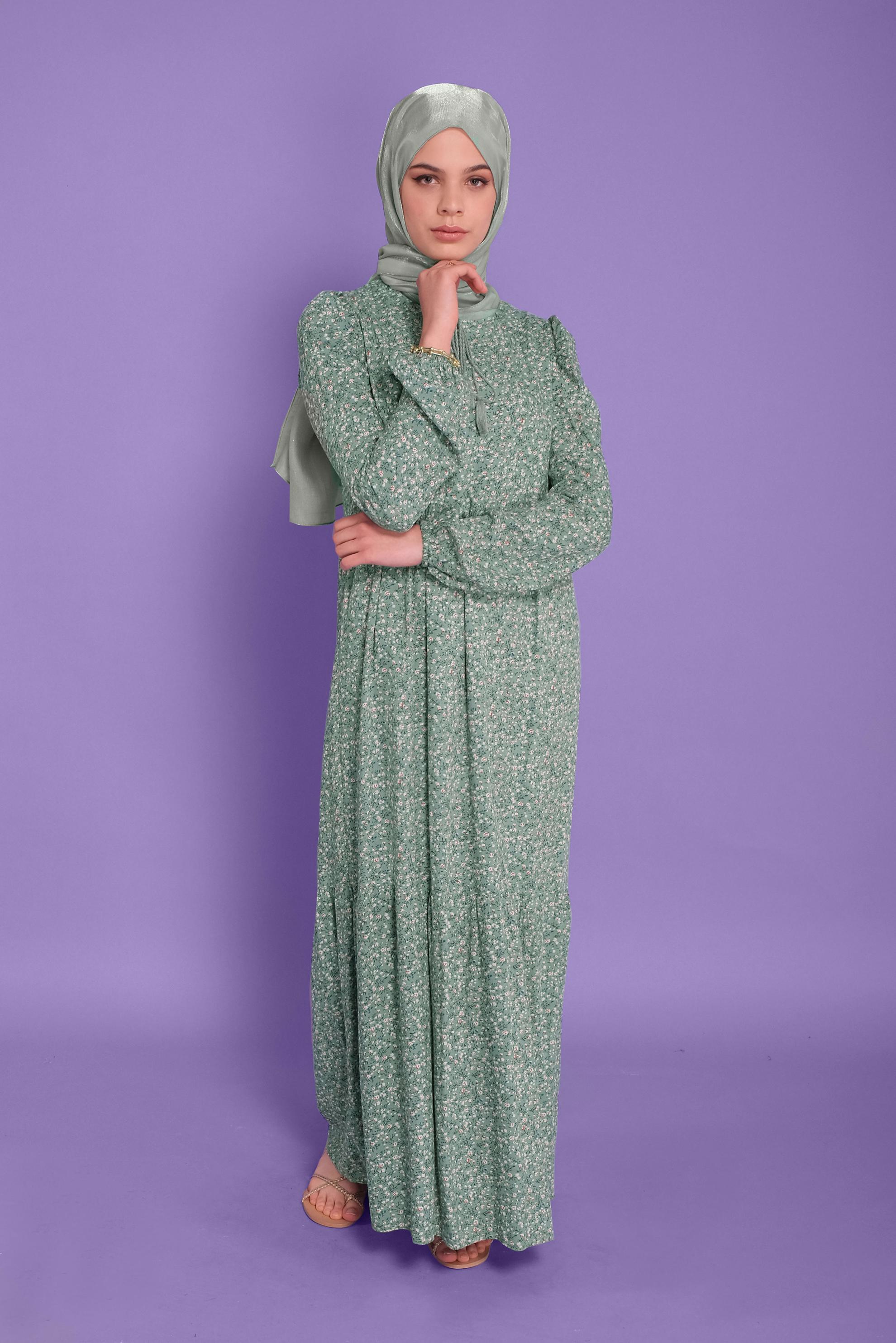 Tesettür giyim MAVİ ÇİÇEK DESENLİ ELBİSE 40837 