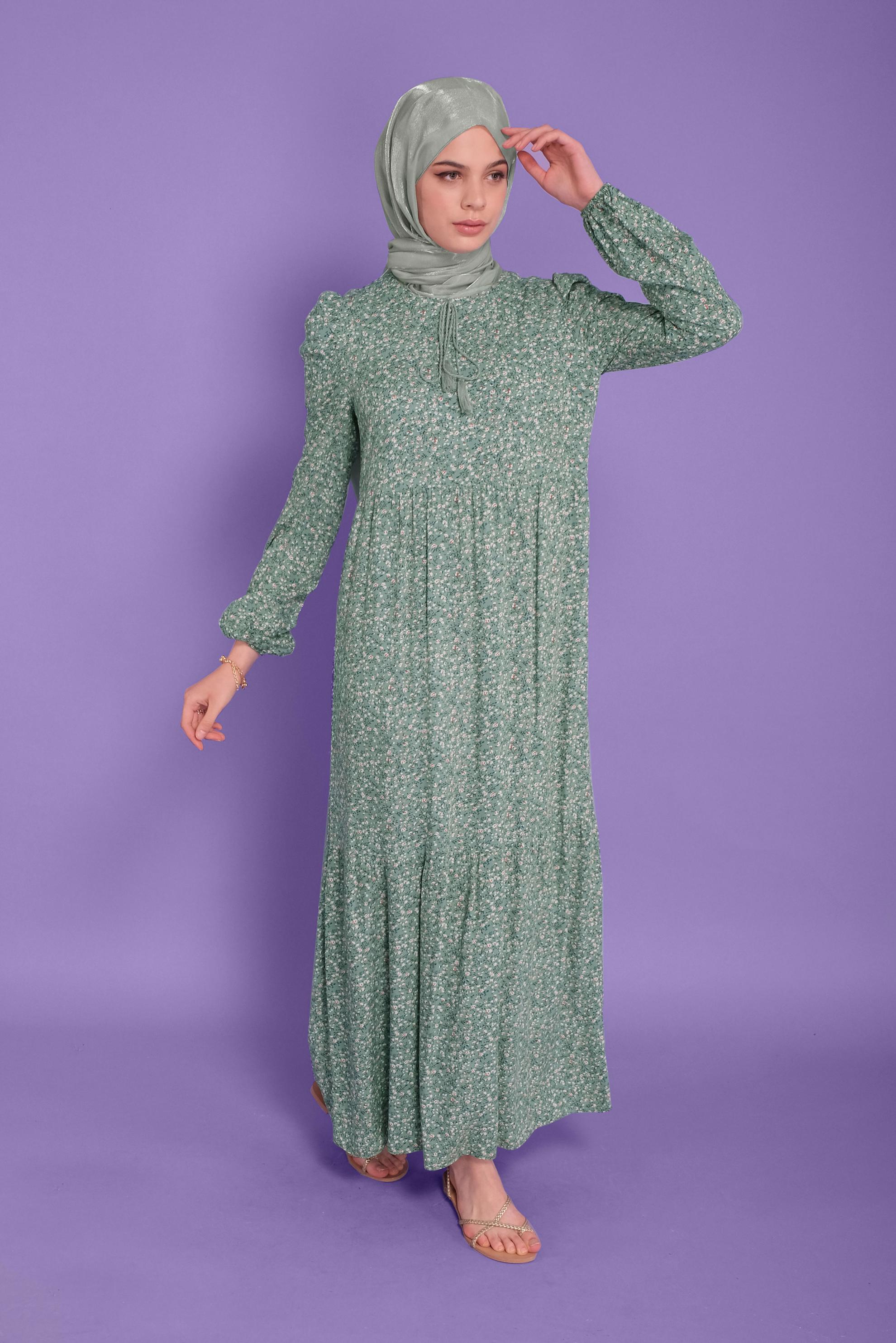 Tesettür giyim MAVİ ÇİÇEK DESENLİ ELBİSE 40837 