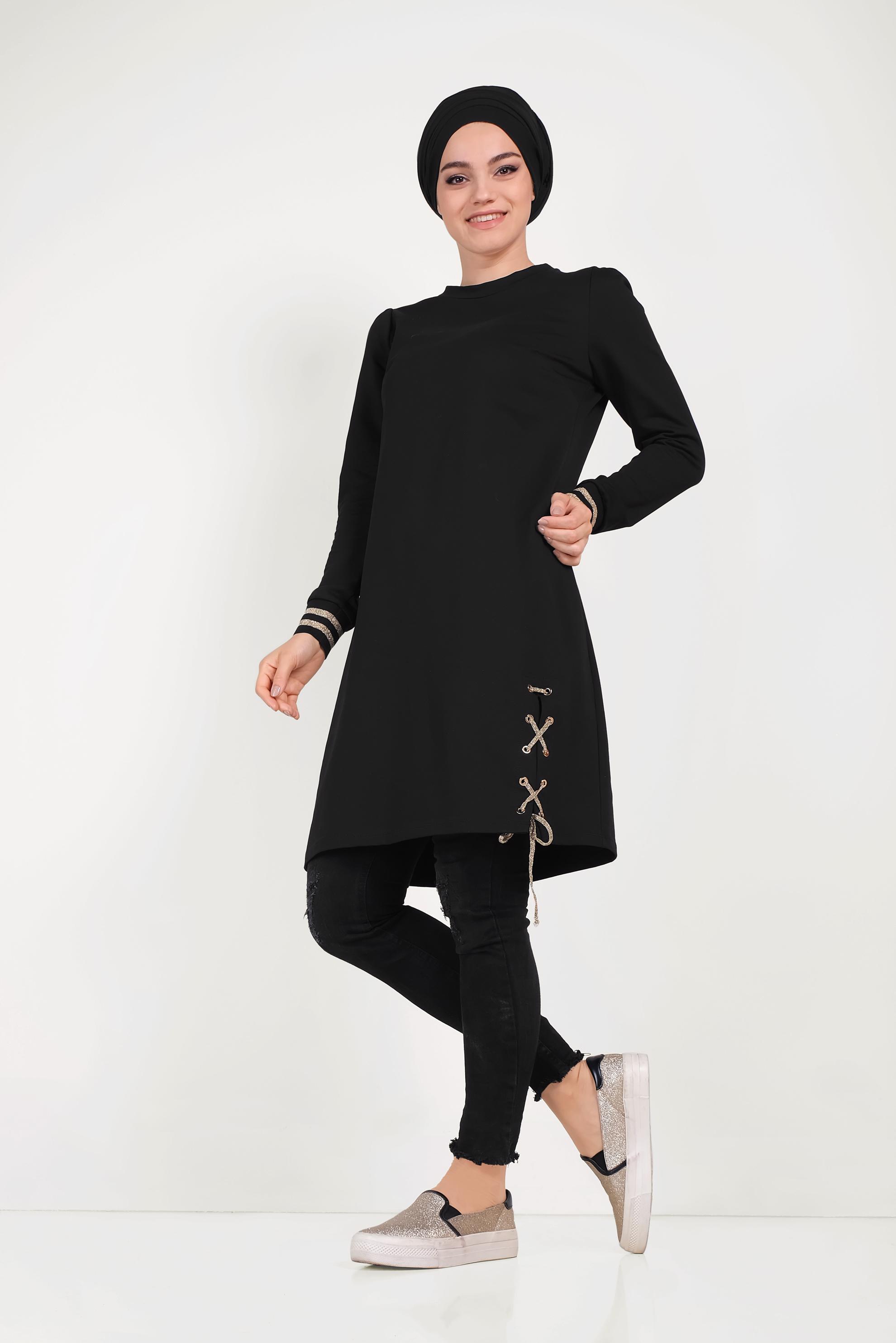 Tesettür giyim SİYAH YANDAN BAĞCIK DETAYLI EŞOFMAN TUNİK 40483